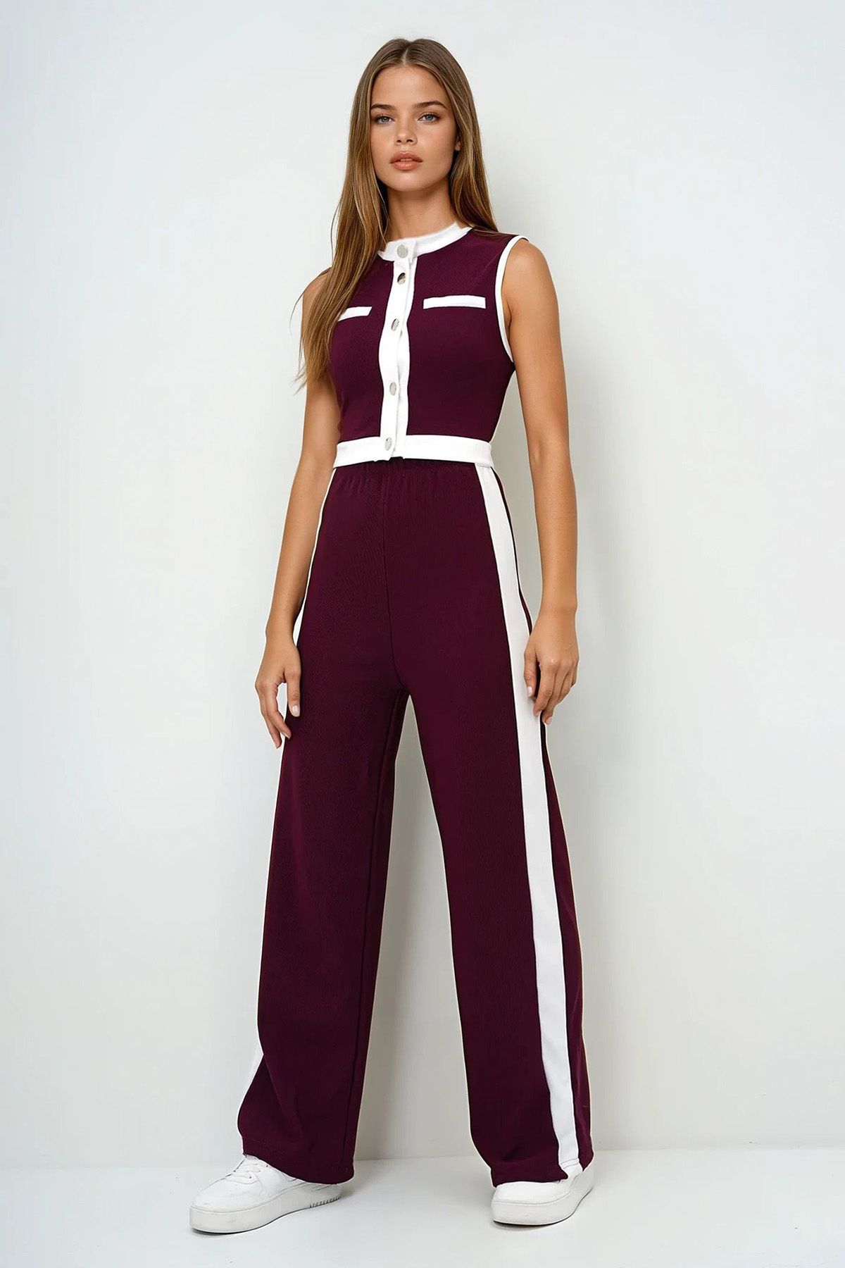 VAGGON Dik Yaka Metal Düğmeli Renk Bloklu Crop Bluz Ve Palazzo Pantolon Takım