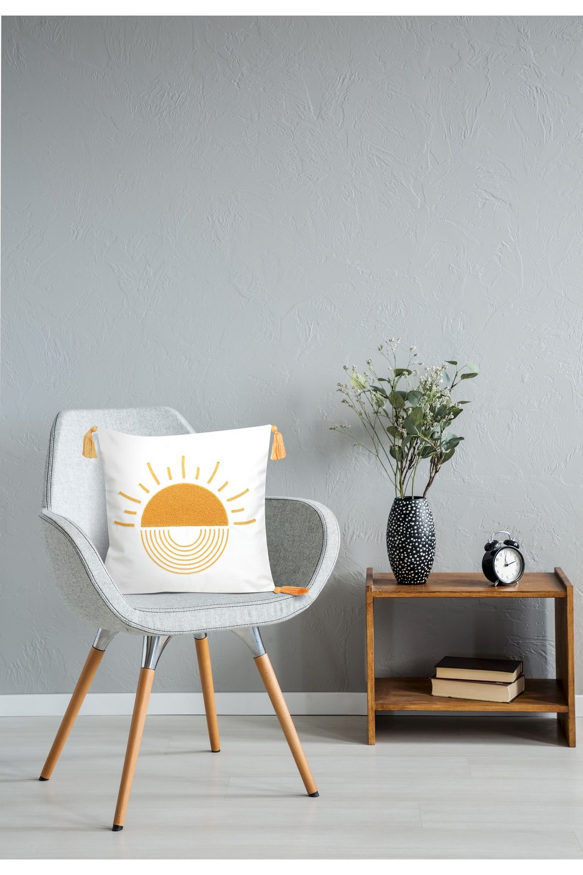 BUGİ HOME COLLECTİON Güneş Desenli 2'li Punch Kırlent Kılıfları, Keten Beyaz Kumaş, Nakış işlemeli, Punch Yastık Kılıfı