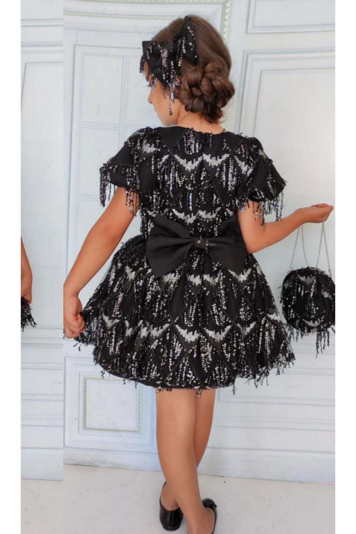Riccotarz-Girl's Sequined Embroidered Tasseled Shiny Black Dress 4
