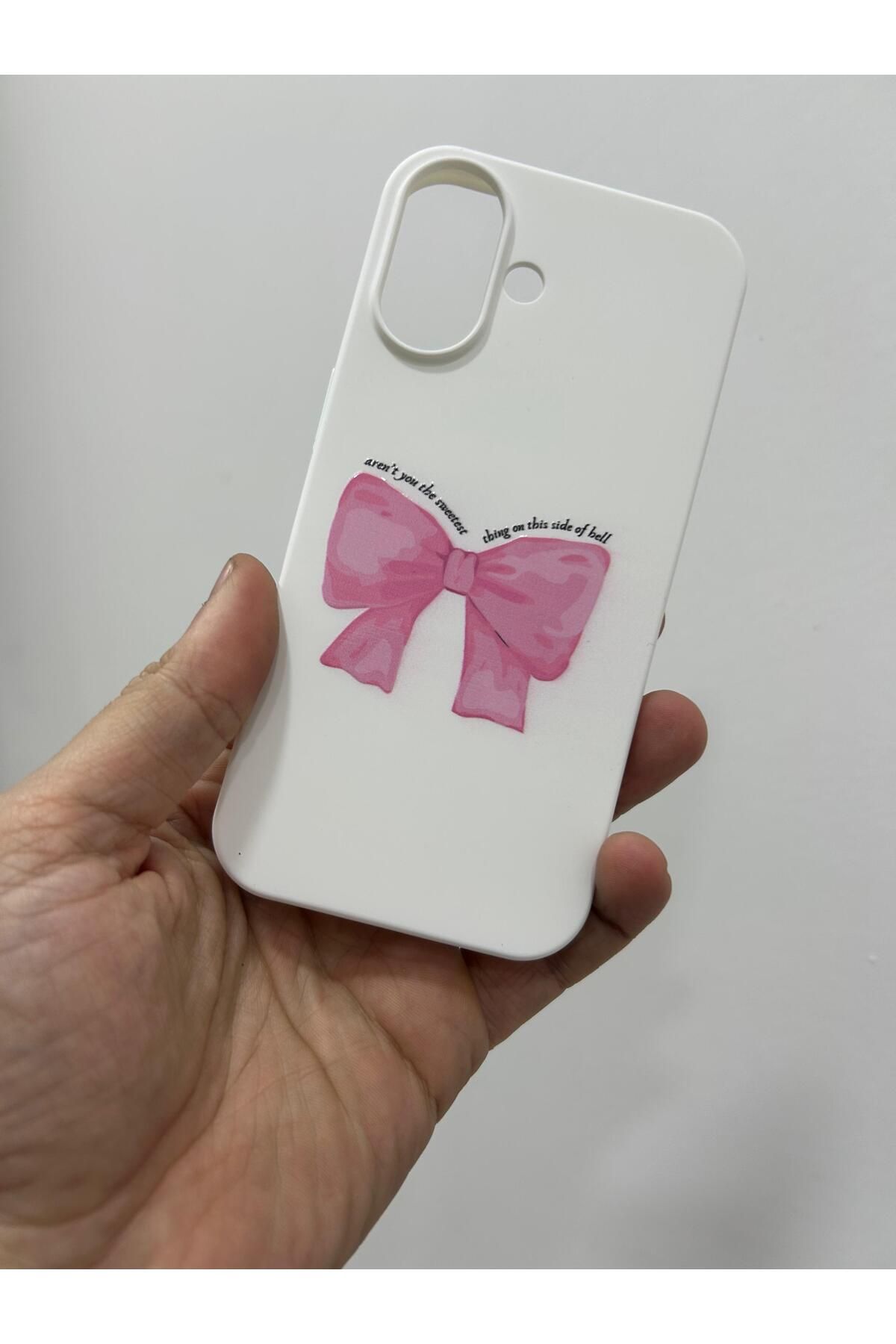 HZR İphone 15 Pro Pembe Kurdele Desenli Beyaz Silikon Kılıf