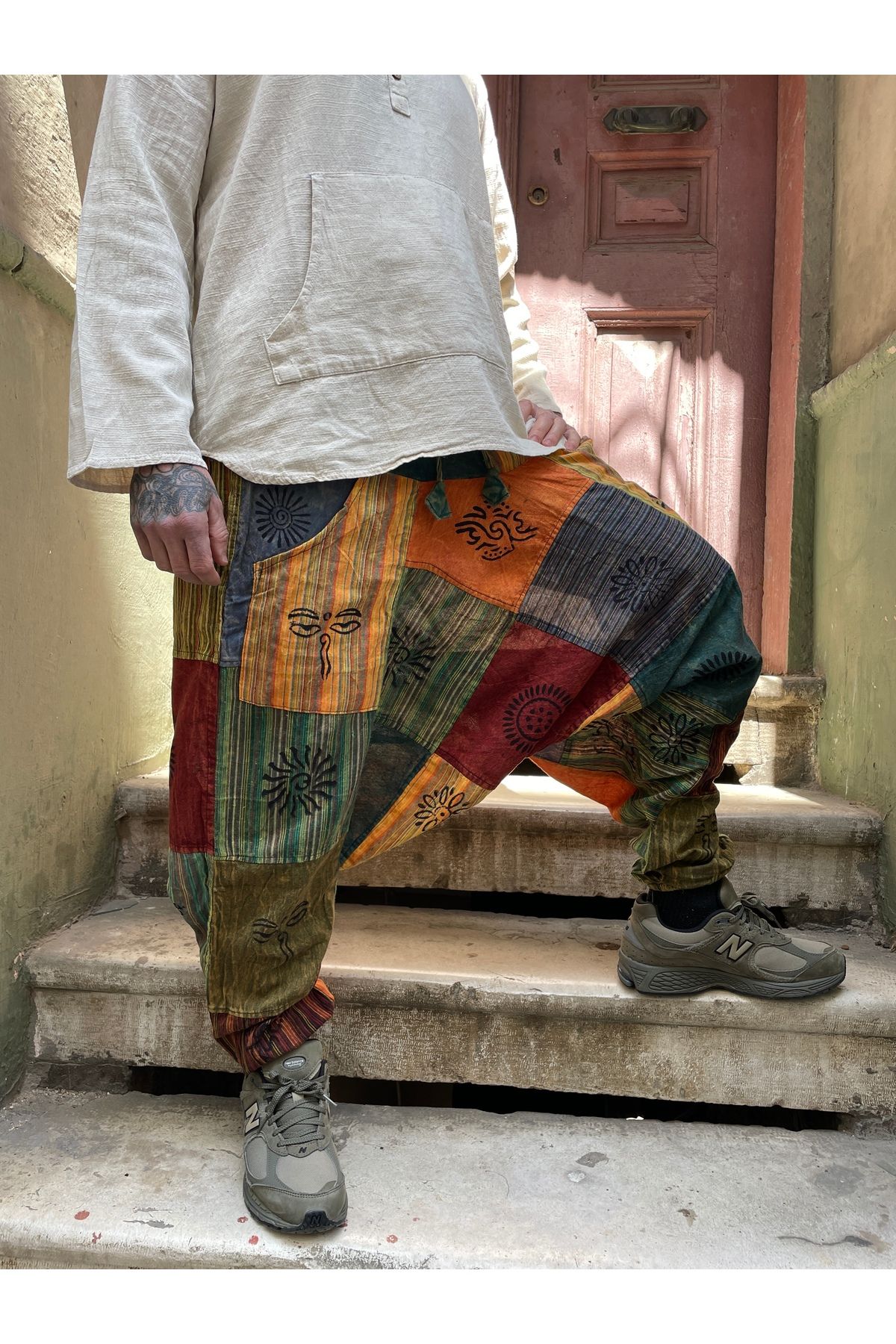 Bohoyasam Unisex Nepal Patchwork Pantolon, Salaş Pantolon, Rahat Pantolon, Renkli Şalvar,Festival Şalvar