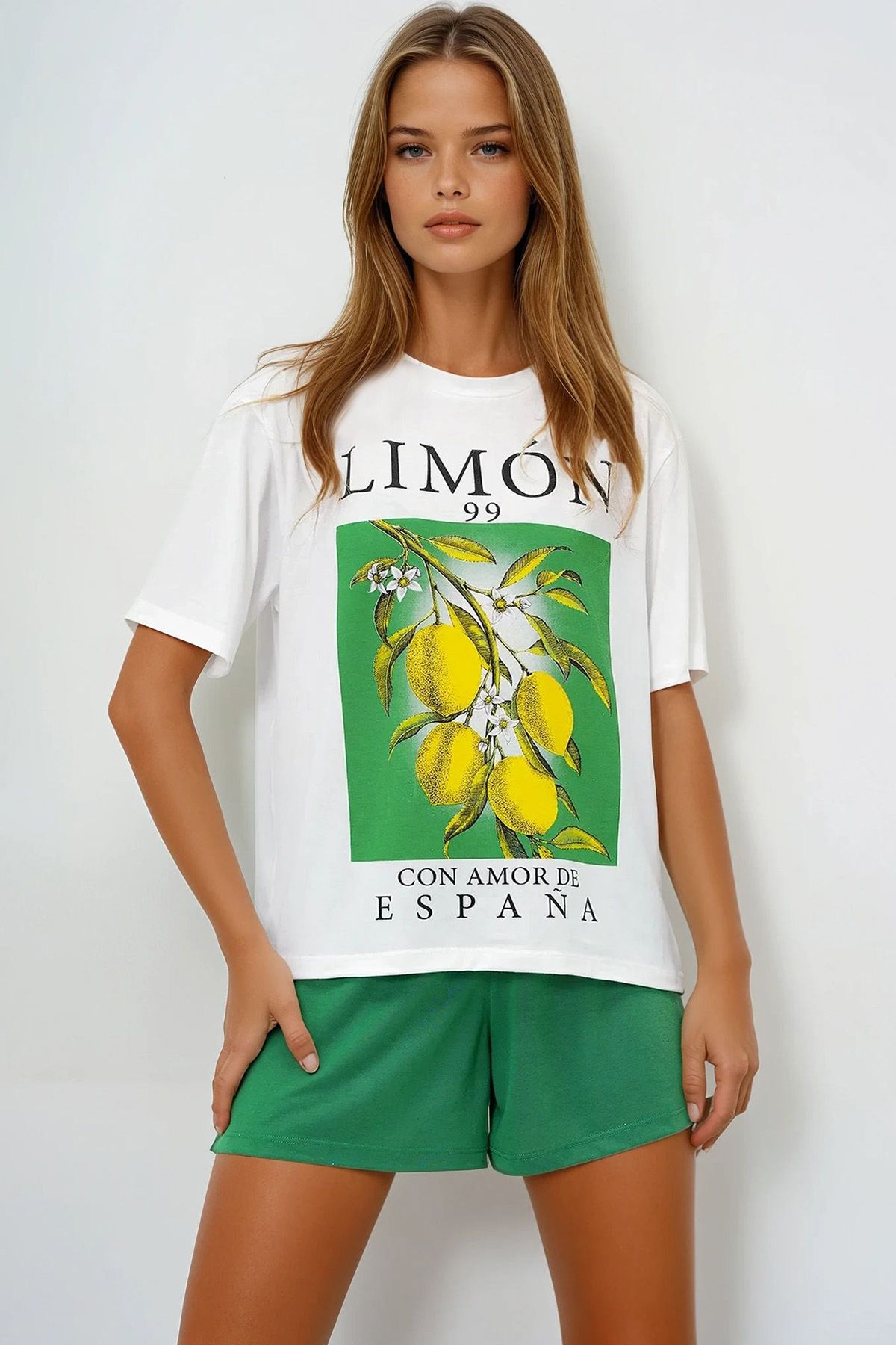 VAGGON Limon Baskılı Pamuklu Basic T-Shırt Ve Şortlu Pijama Takımı