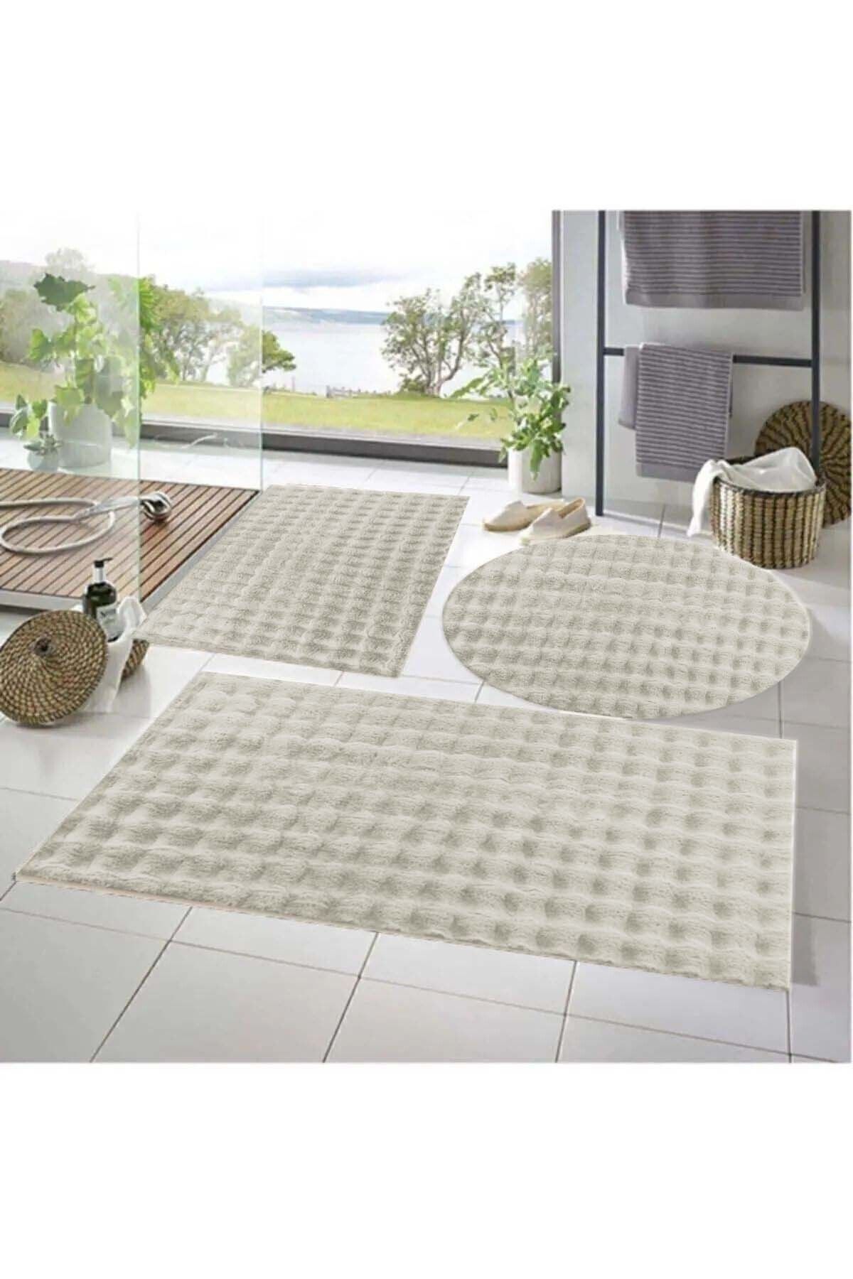 Lagom Life 3'lü Kaymaz Taban Bubble Peluş Banyo Paspası 50x50(YUVARLAK)-50x50 Ve 50x70 KREM