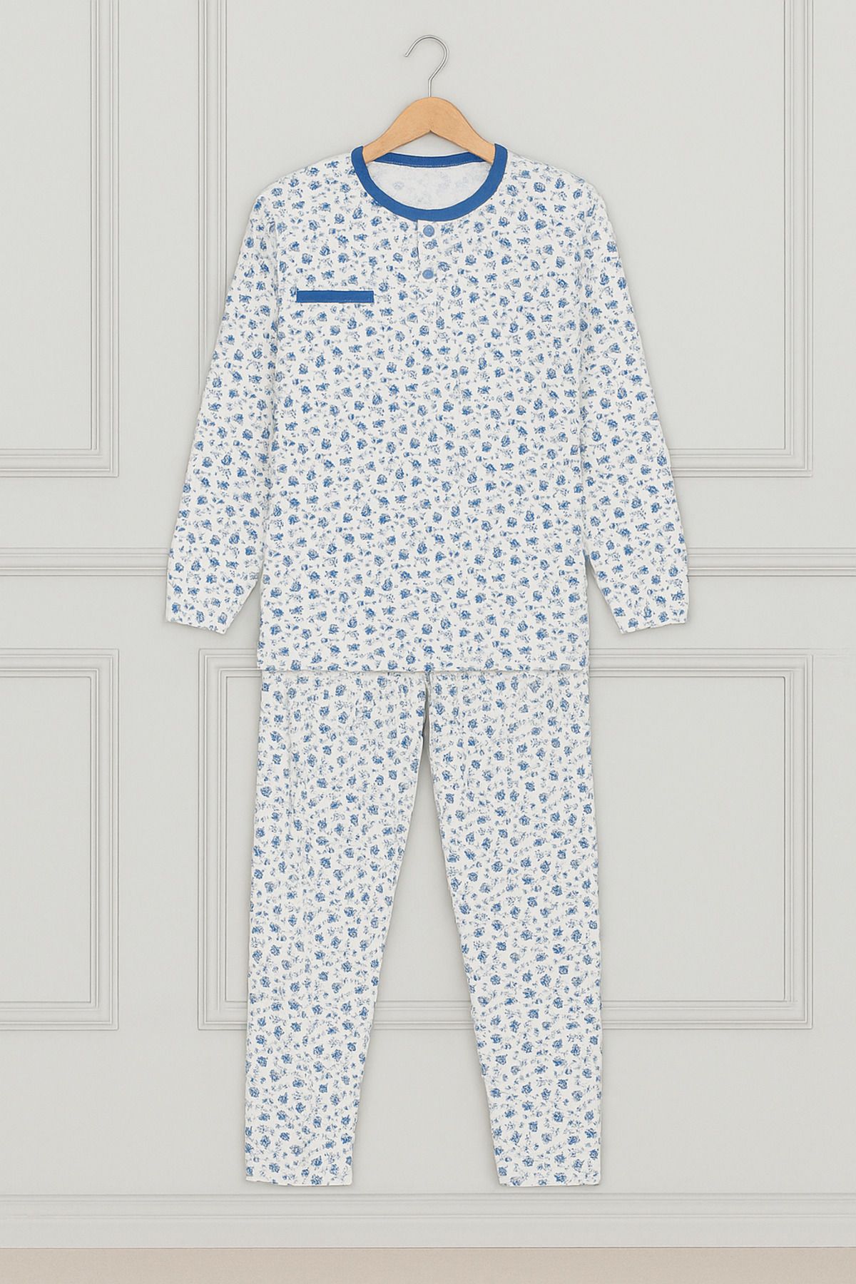 nacar çarşı Kadın Anne Uzun Kollu Mavi Çiçek Desenli Penye Pijama Takımı