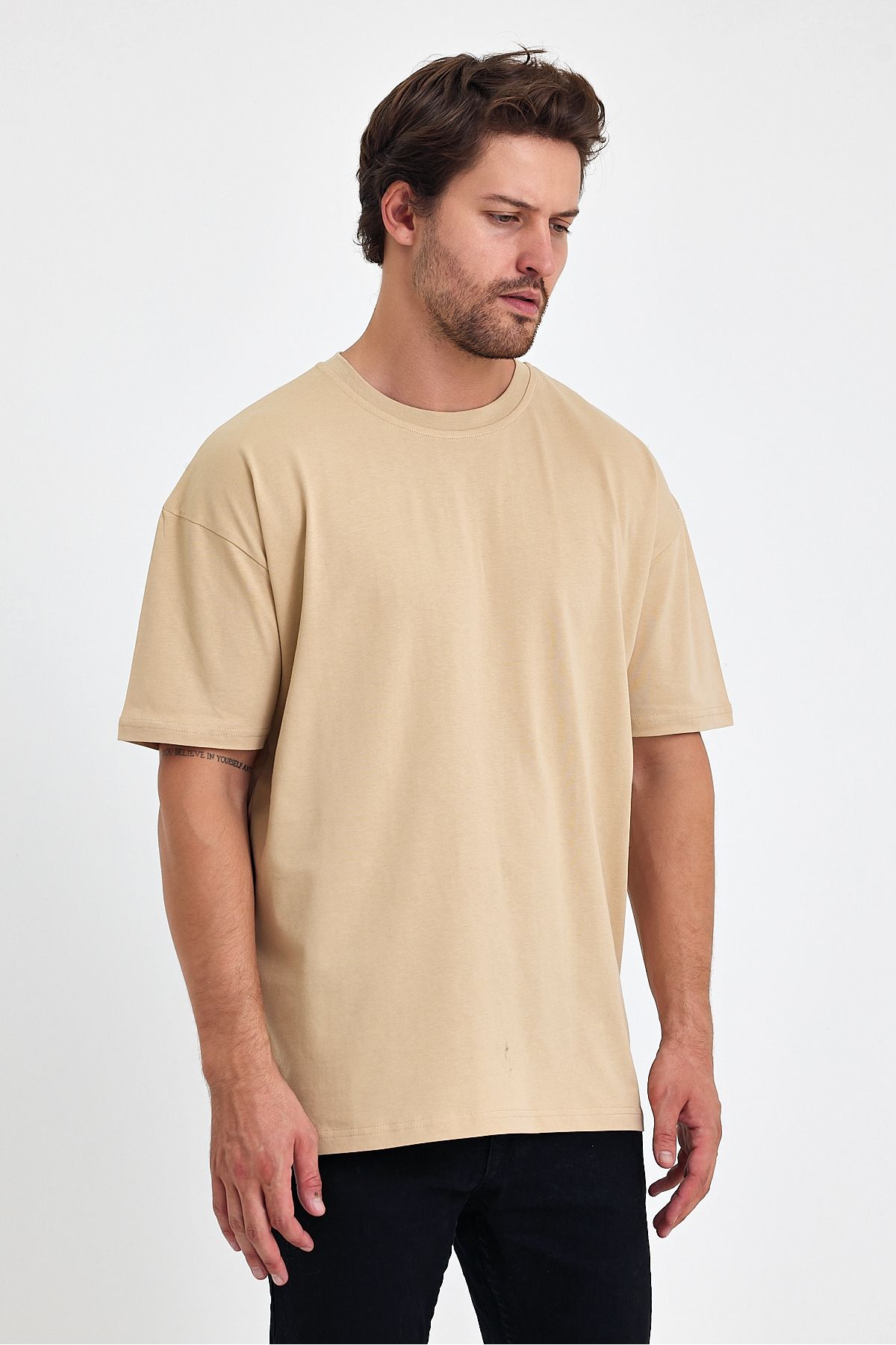 Windy Island Erkek Bej Bisiklet Yaka Basic Oversize T-shirt
