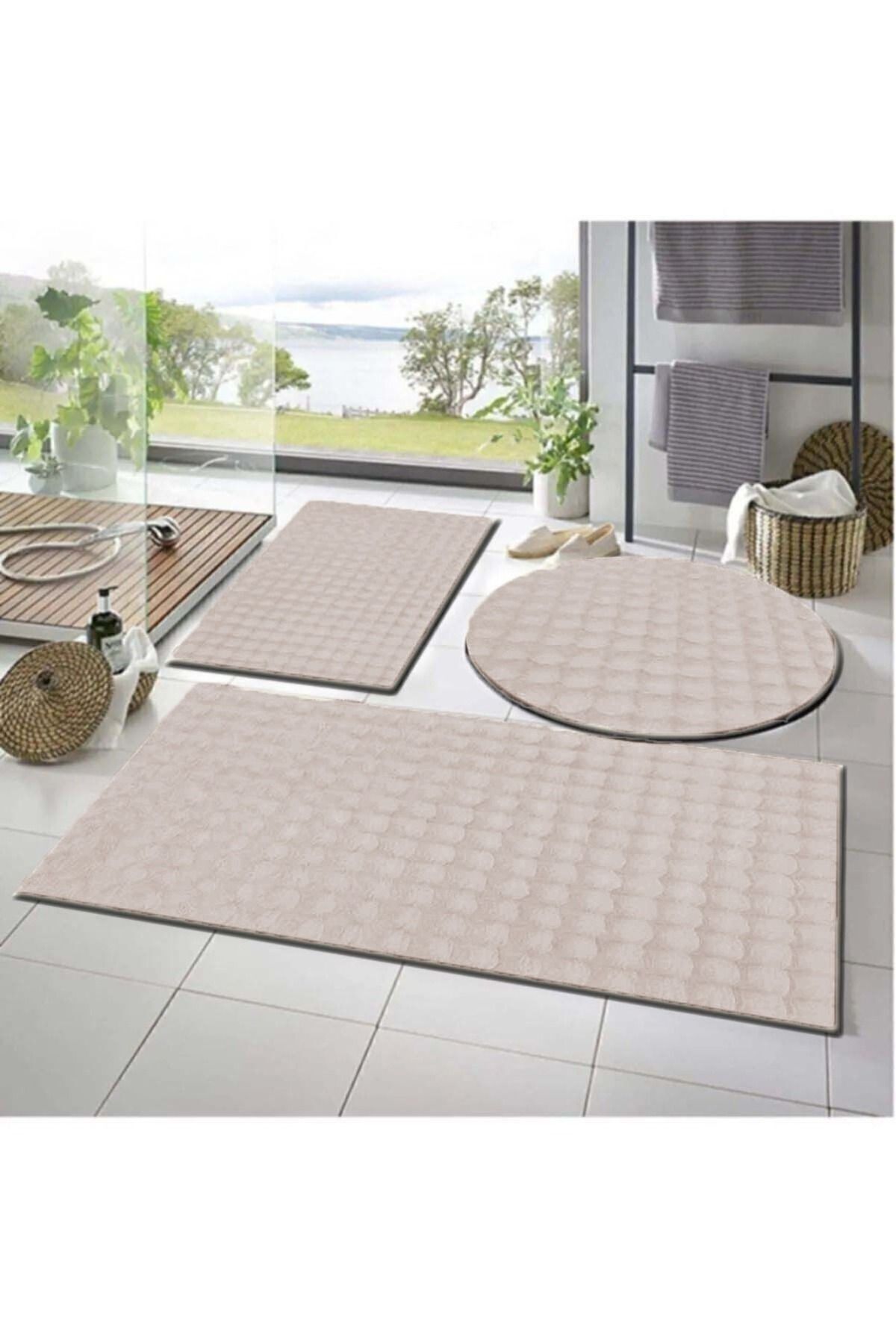 Lagom Life 3'lü Kaymaz Taban Bubble Peluş Banyo Paspası 50x50(YUVARLAK)-50x50 Ve 50x70 VIZON