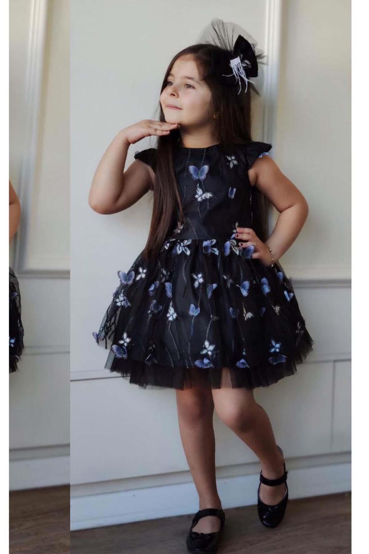 Riccotarz-Girl's Black Dress with Ruffle Shoulders and Butterfly Motif Skirt and Tulle 3