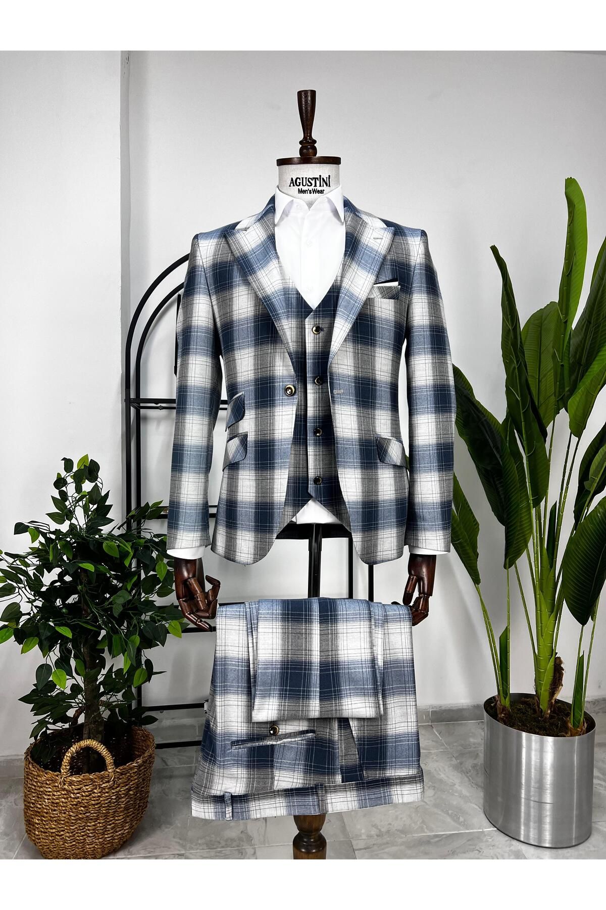 AGUSTİNİ Lacivert Ekose Mendilli Yelekli Takım Elbise Sivri Yaka Slim Fit Kalıp | Agustini
