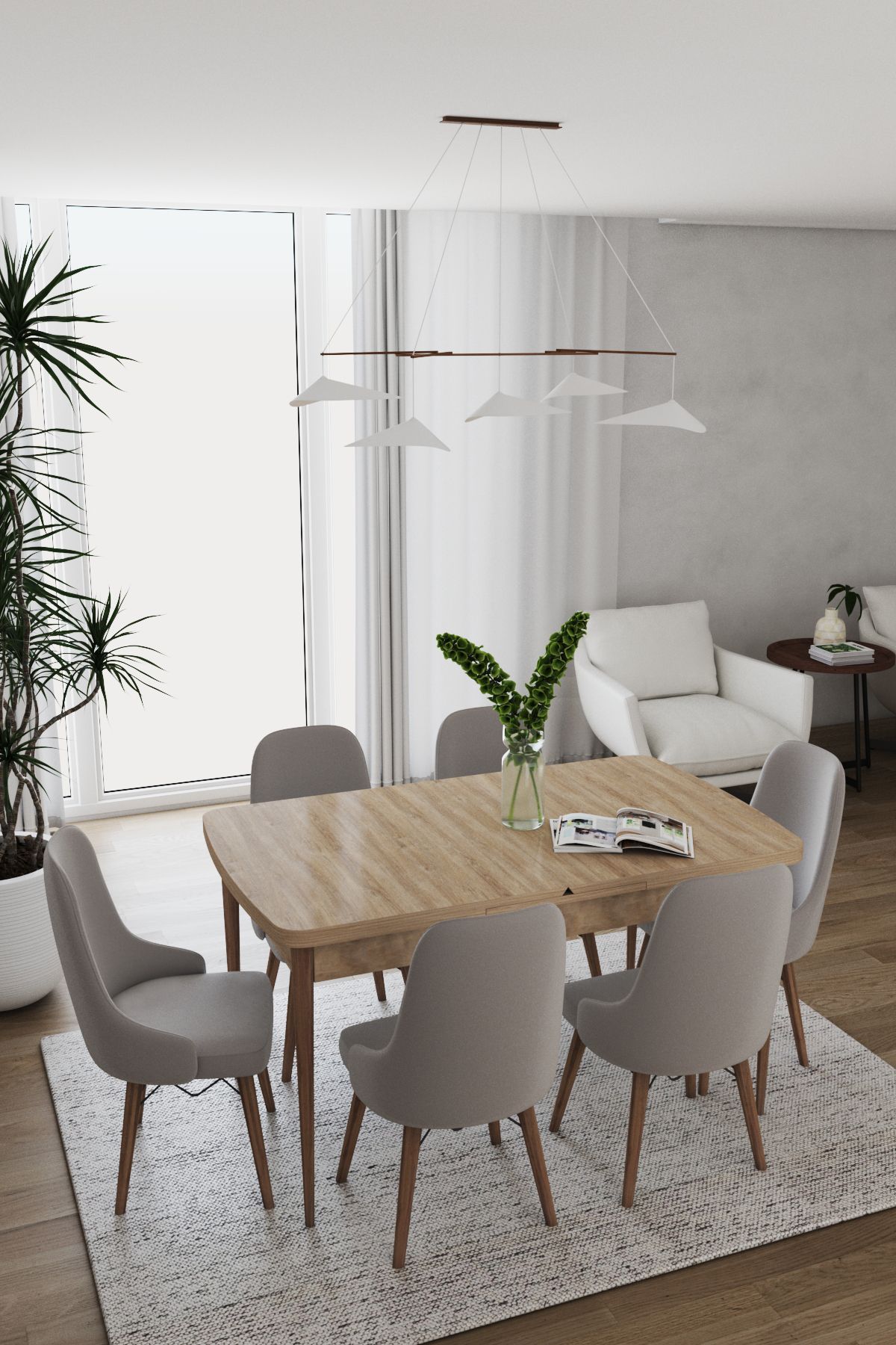 DEREN HOME Konfor Serisi 80x130 Açılabilir Masa 6 Adet Gri Sandalye Masa Takımı Leke Tutmaz Kumaş