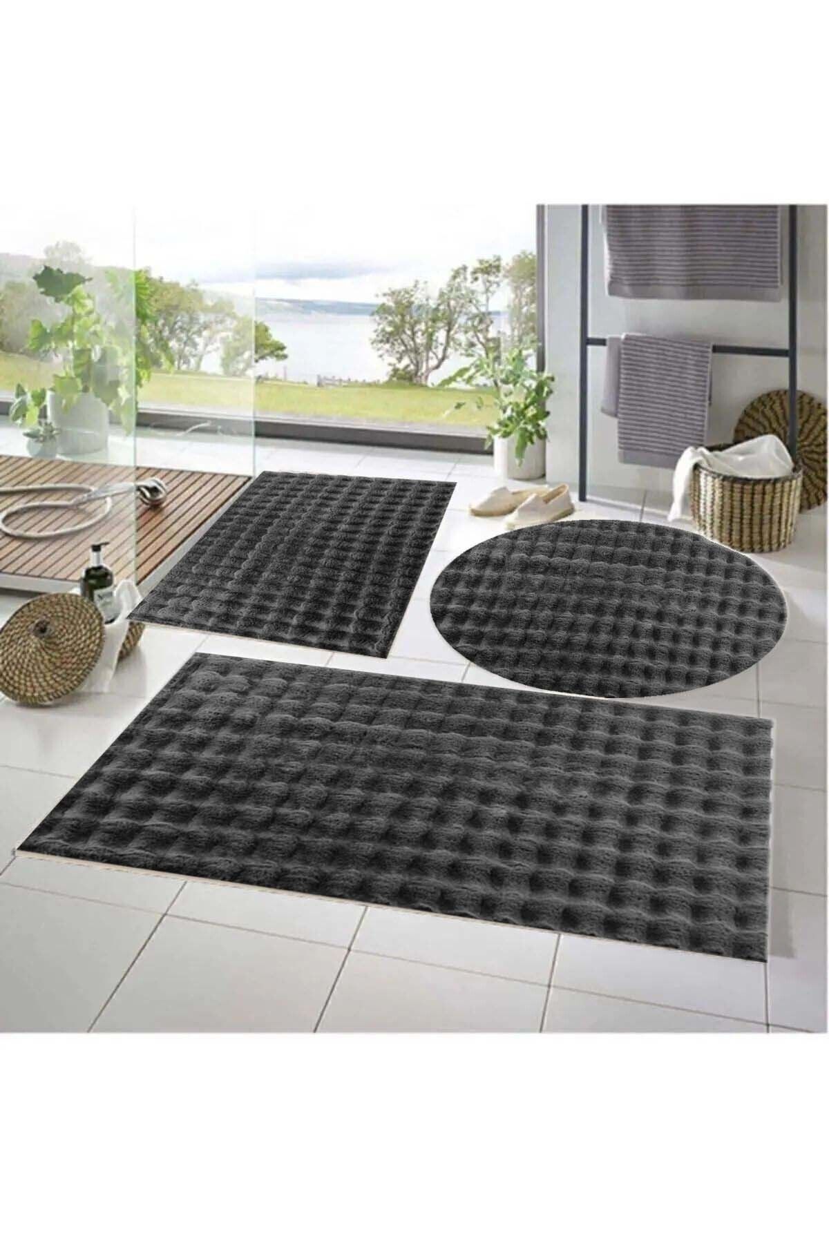 Lagom Life 3'lü Kaymaz Taban Bubble Peluş Banyo Paspası 50x50(YUVARLAK)-50x50 Ve 50x70 KOYUGRI