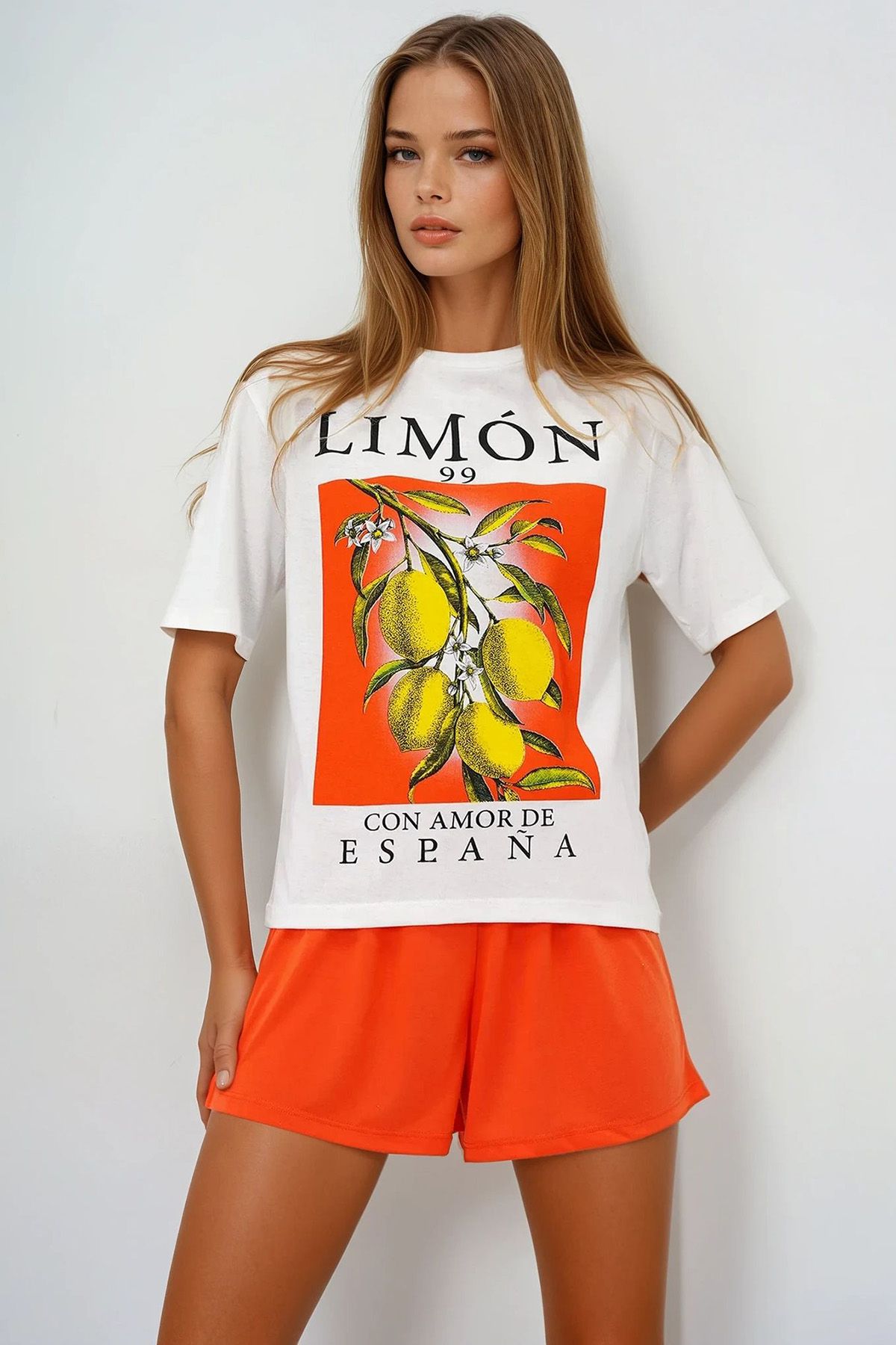 VAGGON Limon Baskılı Pamuklu Basic T-Shırt Ve Şortlu Pijama Takımı