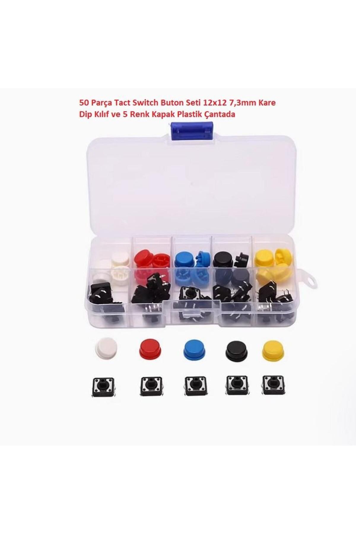 Hatfon Elektronik 50 Parça Tact Switch Buton Seti 12x12 7,3mm Kare Dip Kılıf ve 5 Renk Kapak Plastik Çantada