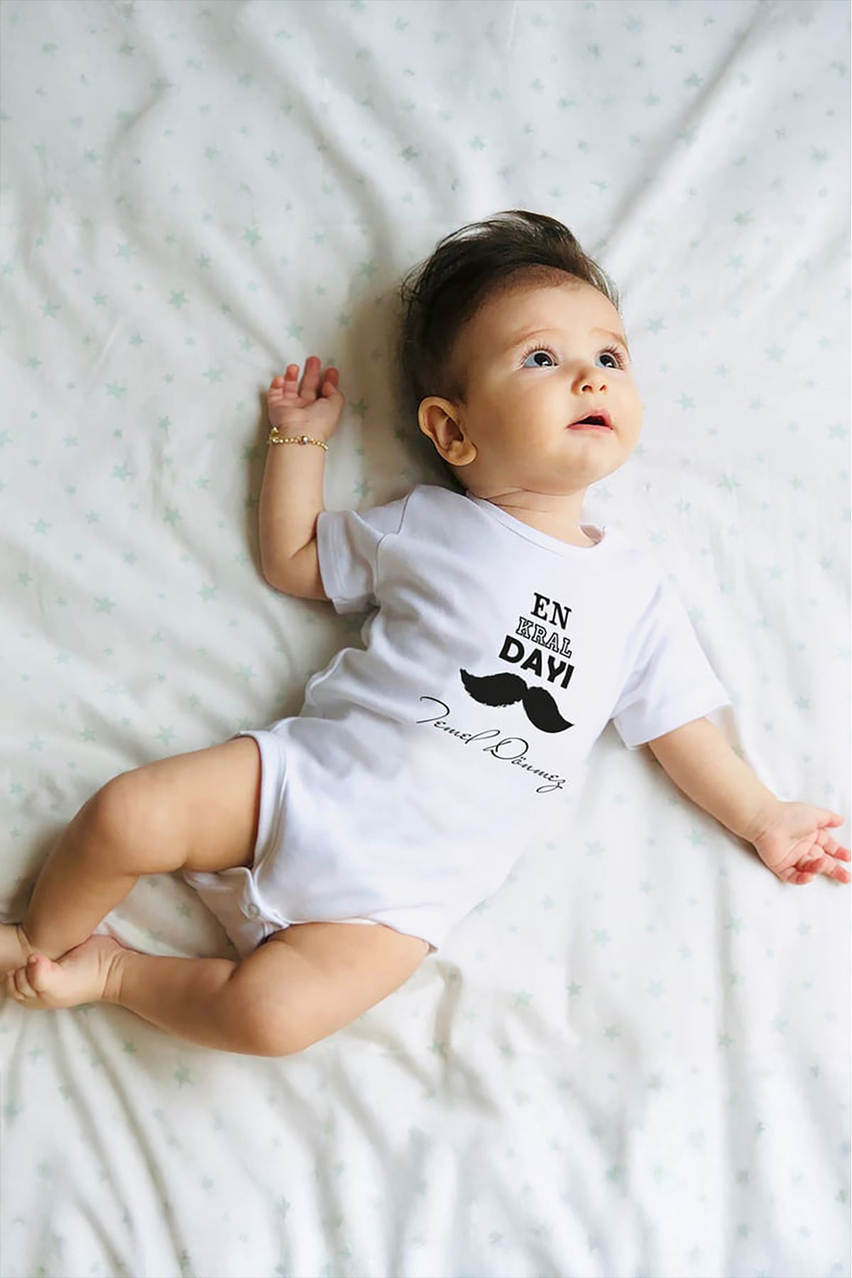 Tufi Baby %100 Pamuk Kısa Kollu Kral Dayı Desenli Çıtçıtlı Bebek Body Zıbın Beyaz