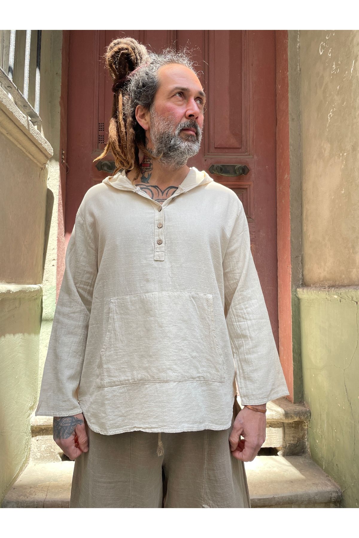 Bohoyasam Unisex Kapüşonlu Gömlek, Erkek Gömlek, Bohem Gömlek, 100 Pamuk, Rahat Kalıp, Yazlık Gömlek, Oversize