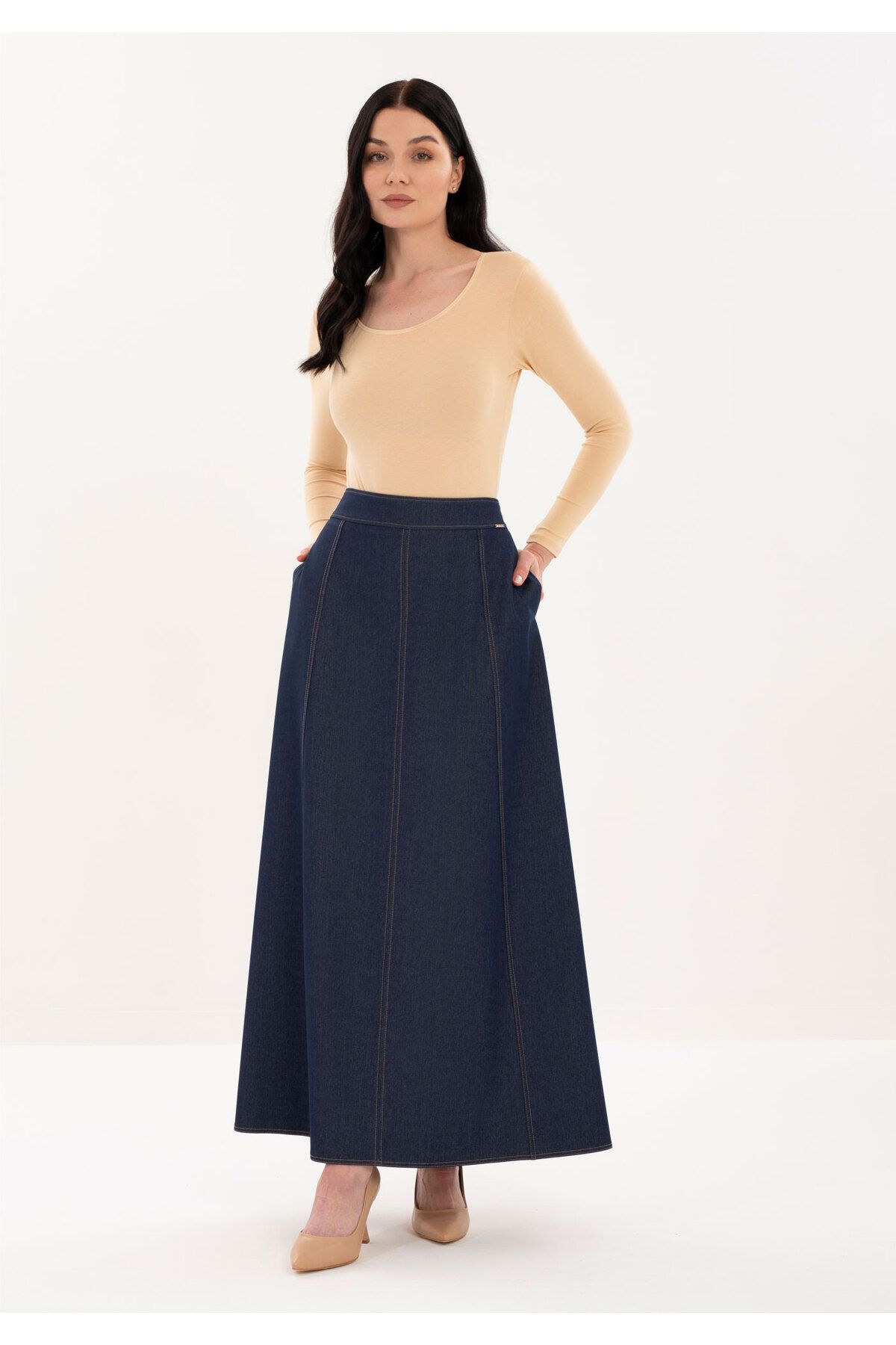 G-Line Denim Maxi(100cm) boy Cepli 8-parçalı Dikiş detaylı Etek
