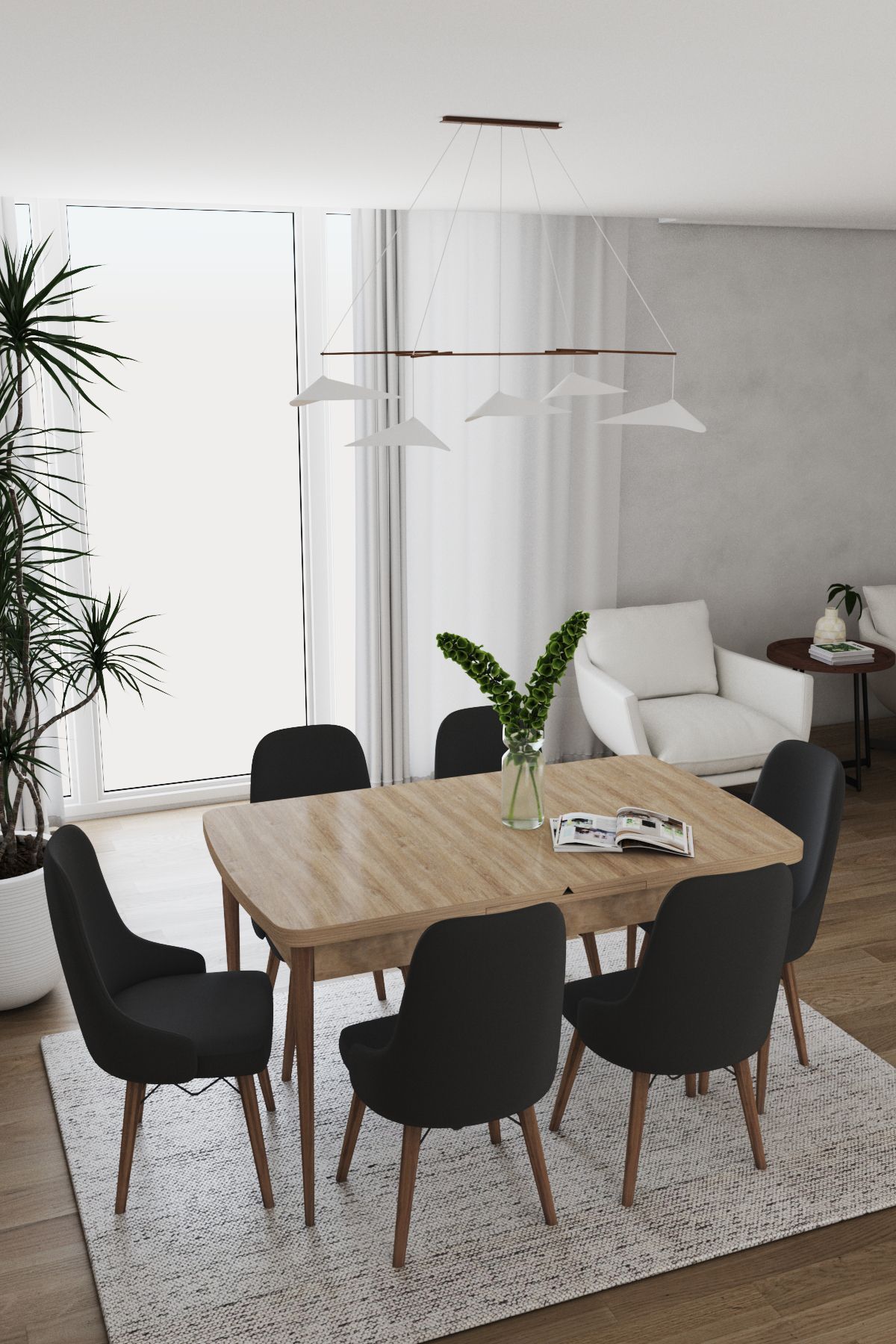 DEREN HOME Konfor Serisi 80x130 Açılabilir Masa 6 Adet Siyah Sandalye Masa Takımı Leke Tutmaz Kumaş