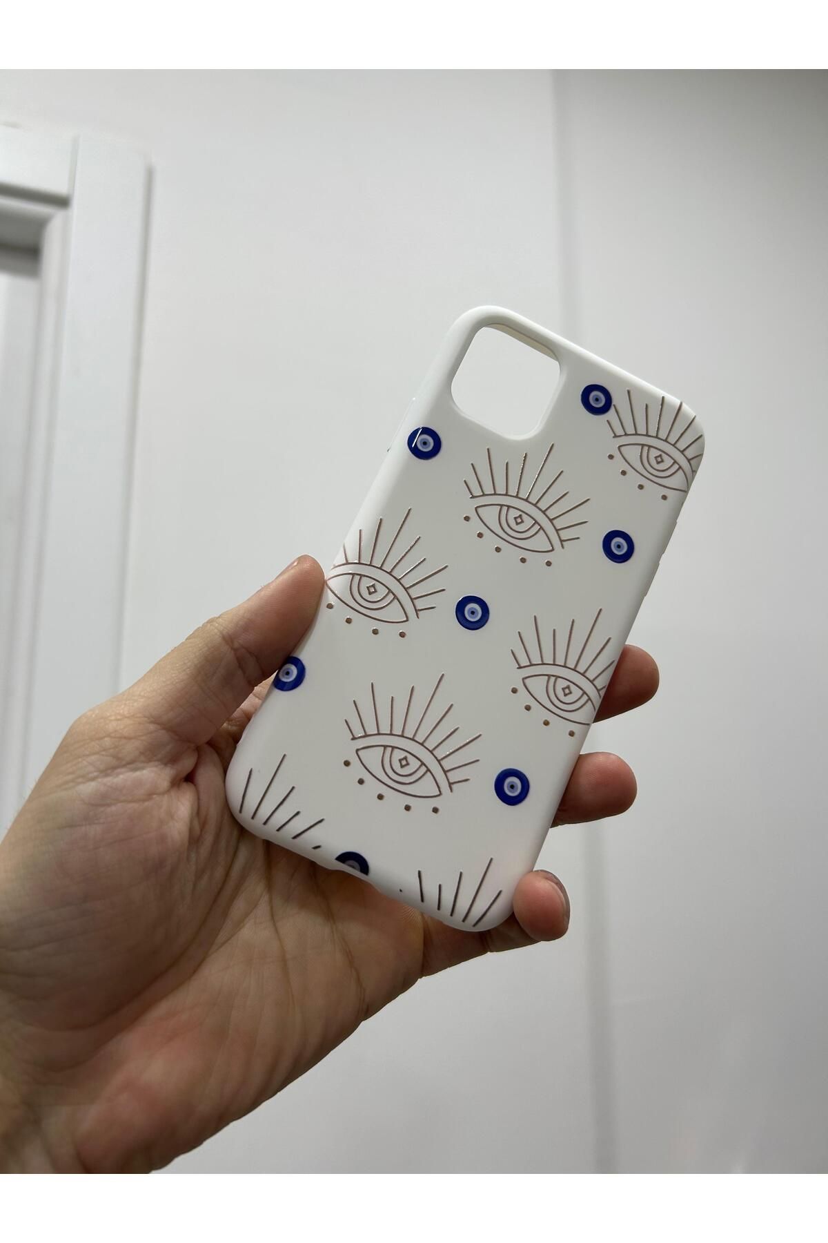 HZR İphone 13 Nazar Boncuğu Desenli Beyaz Silikon Kılıf