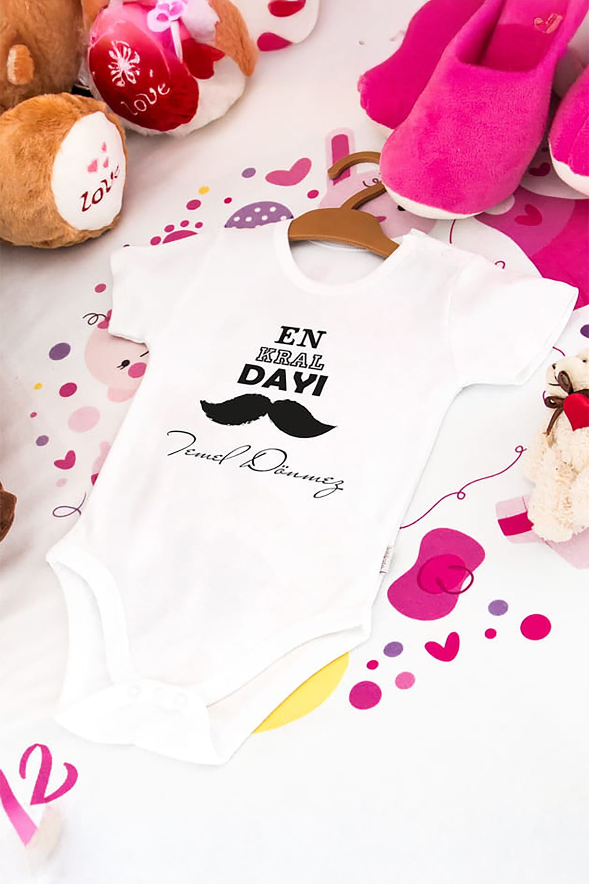 Tufi Baby %100 Pamuk Kısa Kollu Kral Dayı Desenli Çıtçıtlı Bebek Body Zıbın Beyaz
