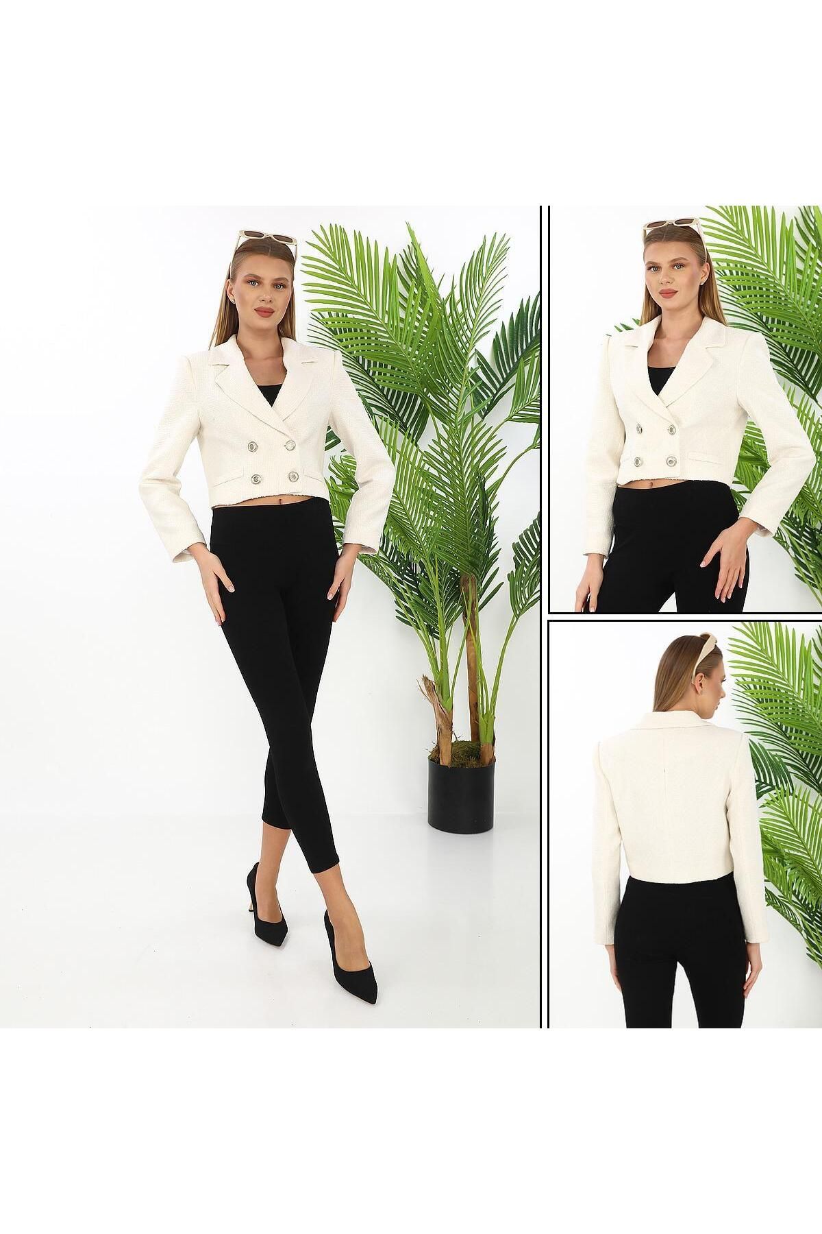 GND TEKSTİL Gnd kadın Simli Crop Blazer Ceket – Çift Düğmeli Kısa Gece Ceketi