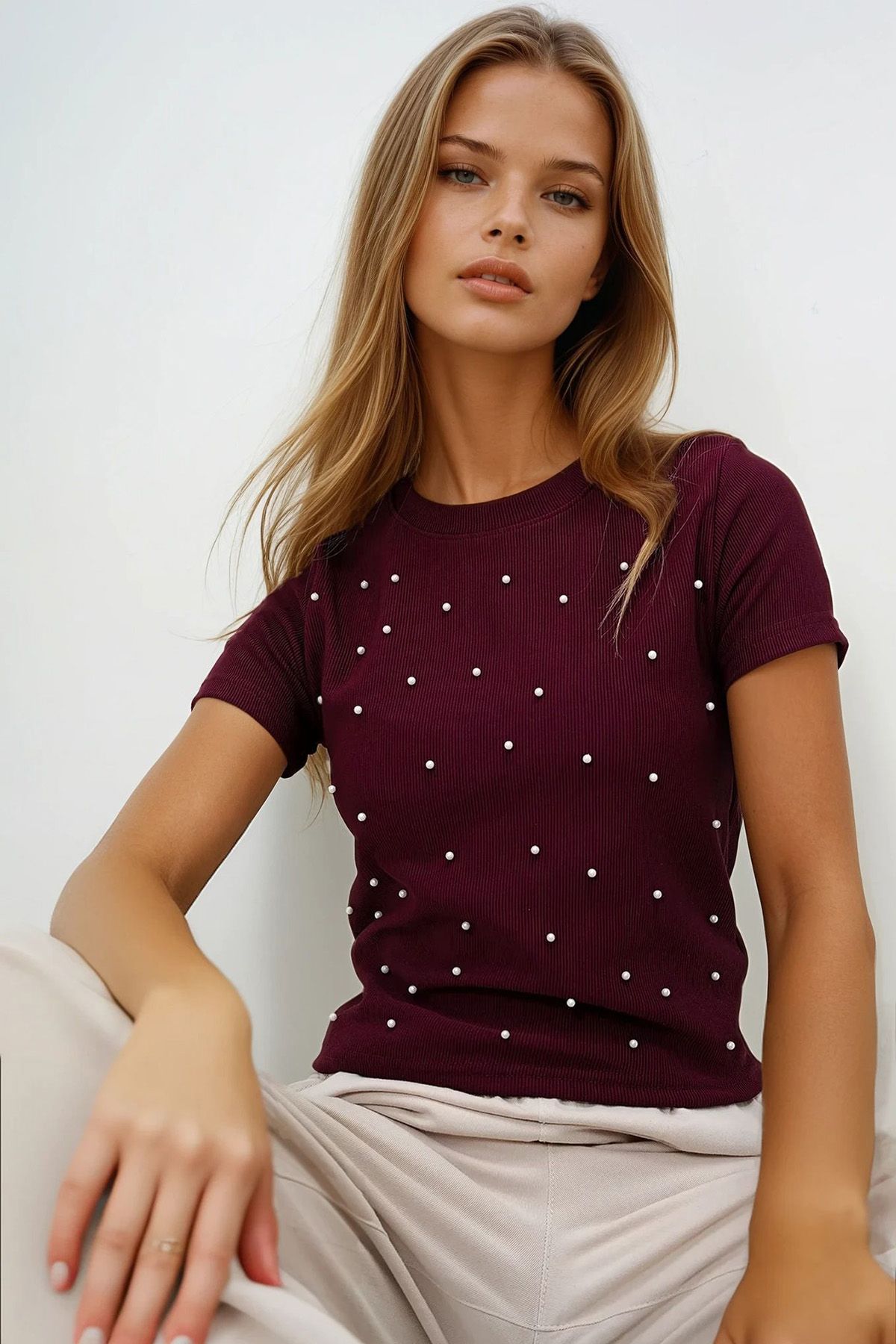 VAGGON Bisiklet Yaka İnci Çakmalı Ottoban Crop Bluz