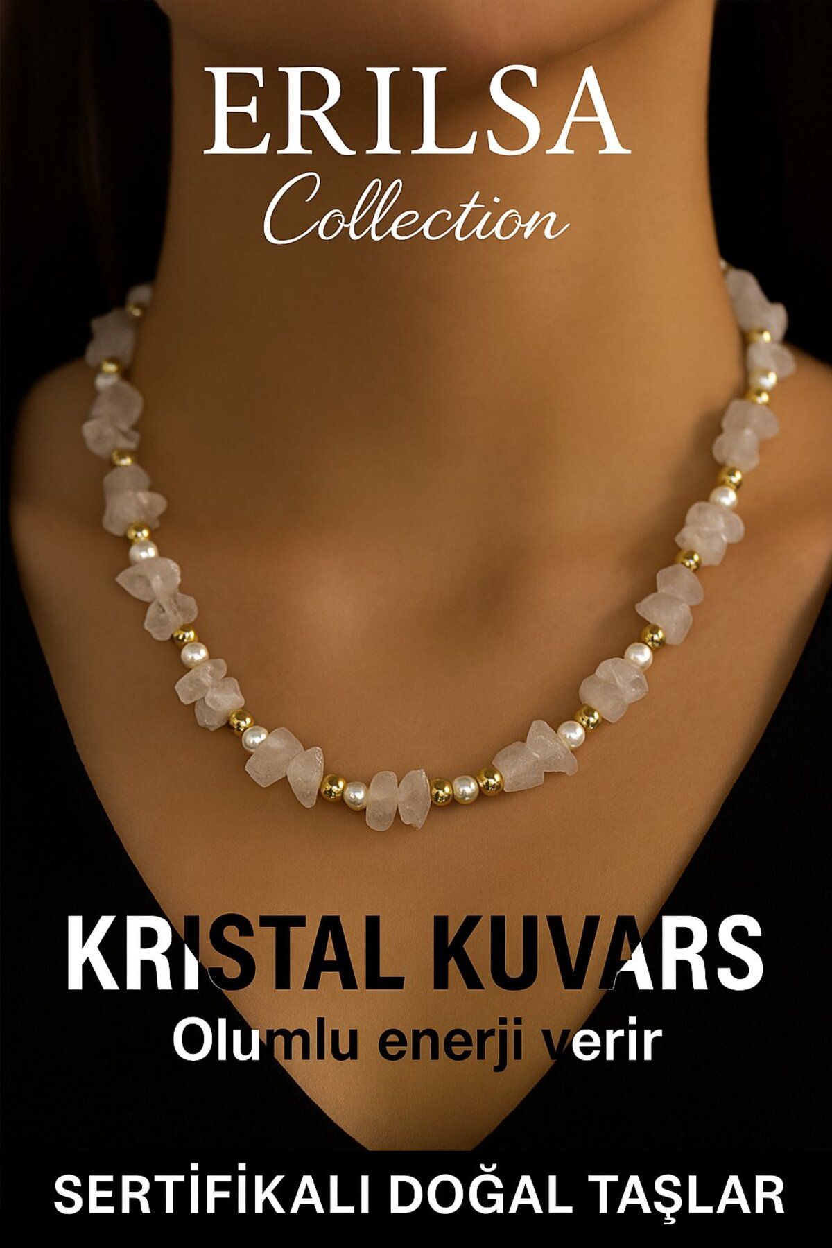 Erilsa Sertifikalı Kırık Taşlı Model İnci - Kristal Kuvars Taşı Kolye