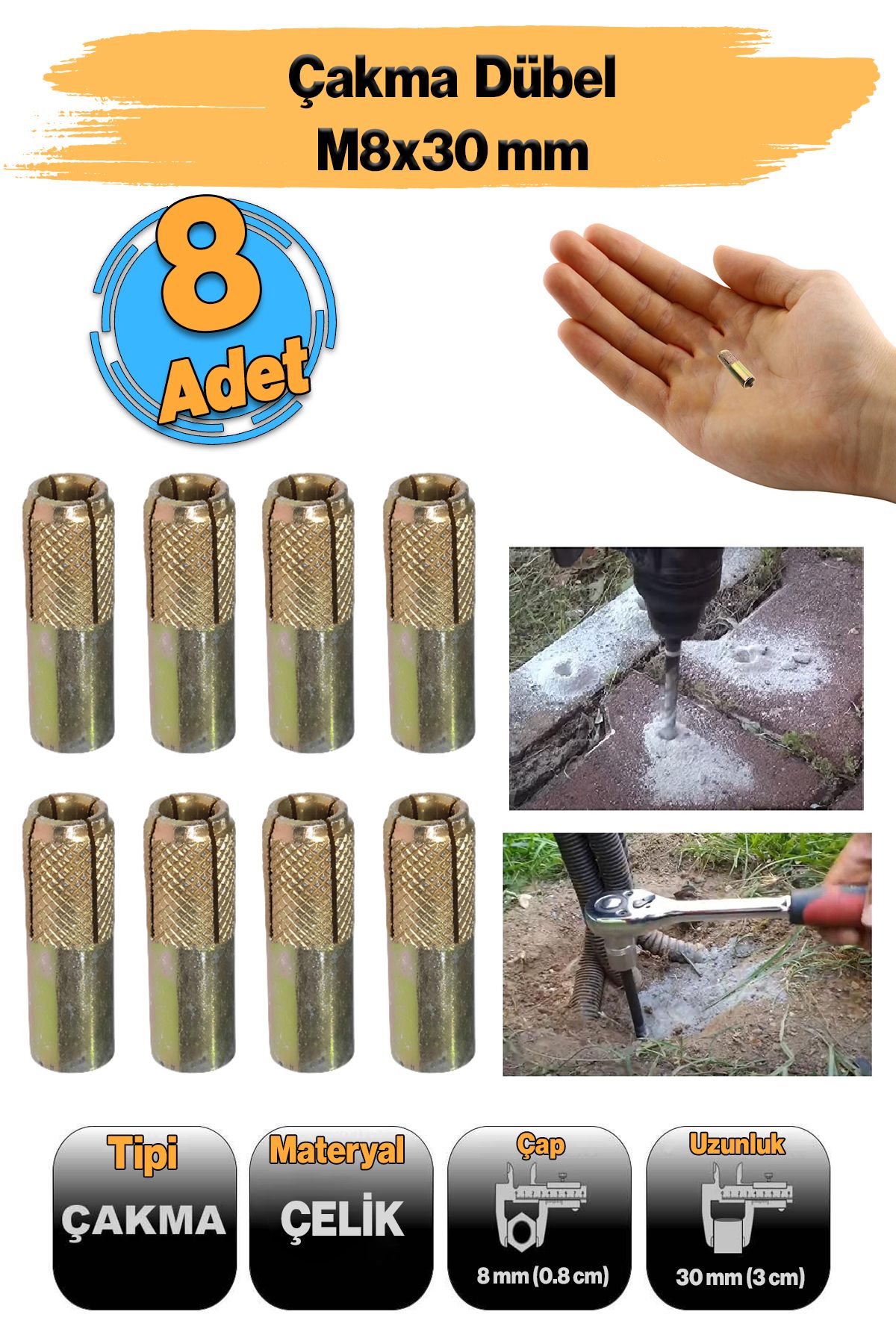 Badem10 Çakma Çelik Dübel 8 Adet İç Dişli ( M8x30 mm ) Raf İskele Montaj Bağlantı Monte Tavan Asma Aparat