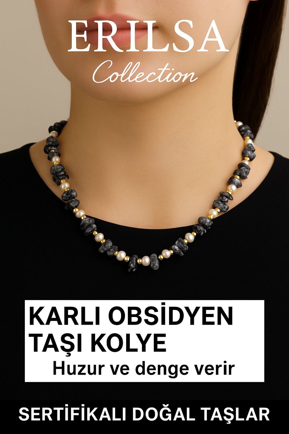 Erilsa Sertifikalı Kırık Taşlı Model İnci - Karlı Obsidyen Taşı Kolye