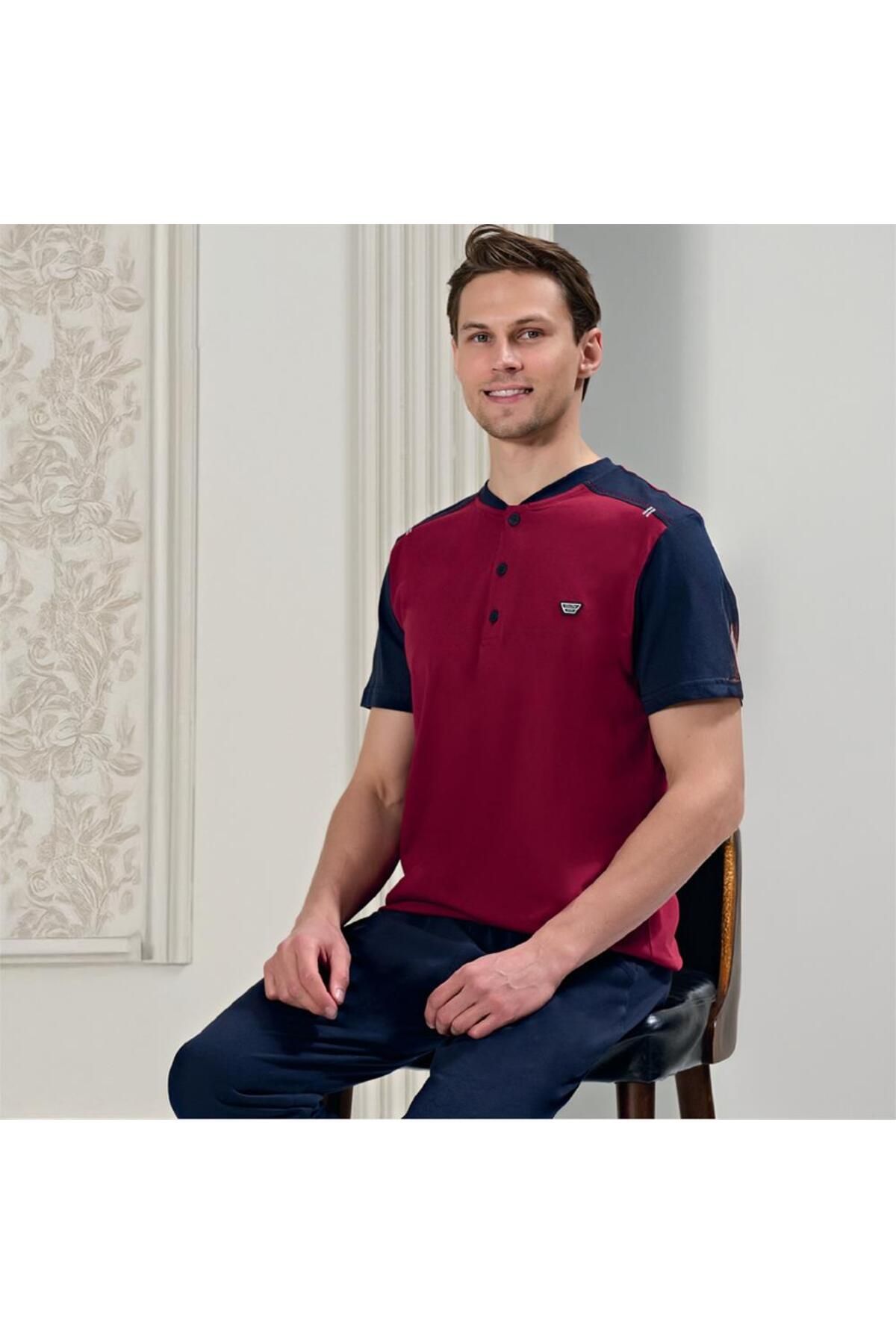 Over Sleep by Poleren Over Sleep 1713 Erkek Kısa Kol Uzun Alt Yazlık Pijama Takım