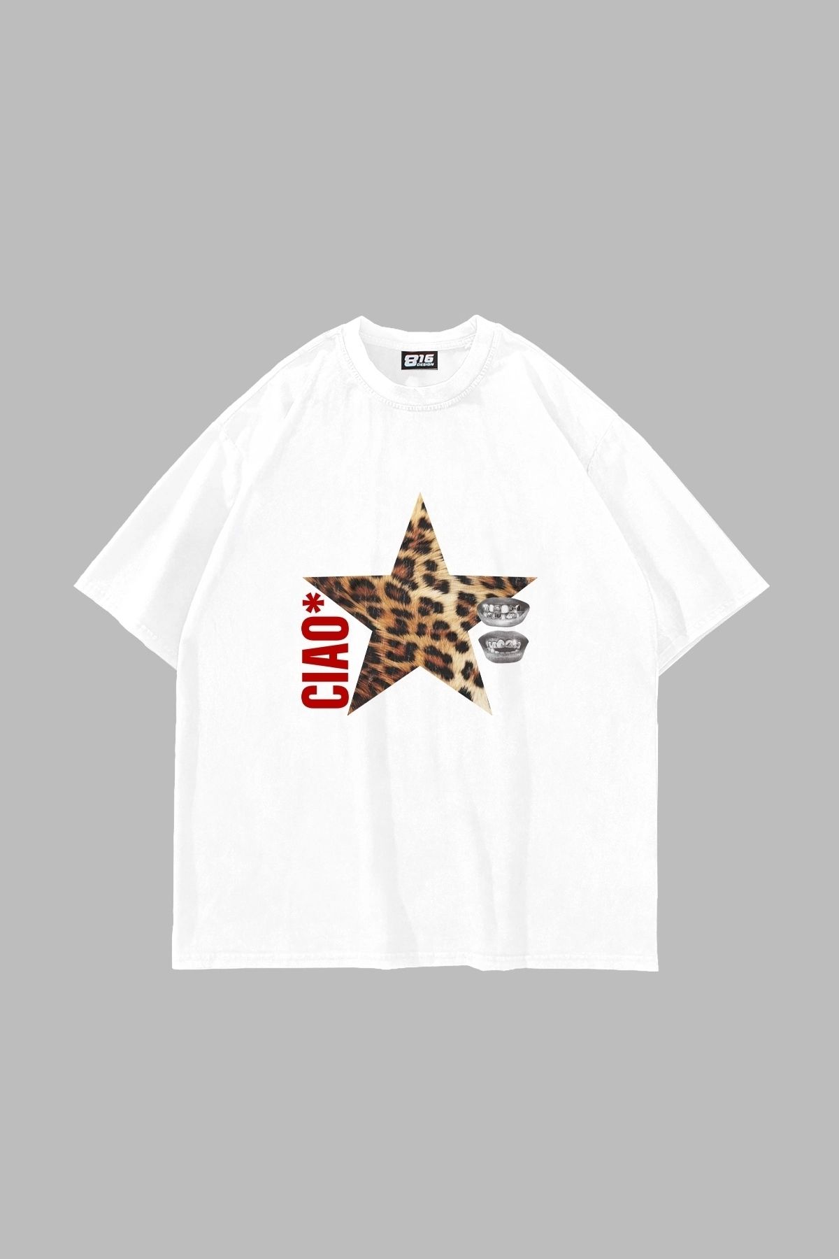 ACTIVE MODA Ciao Yıldız Baskılı Oversize Unisex Beyaz Tshirt