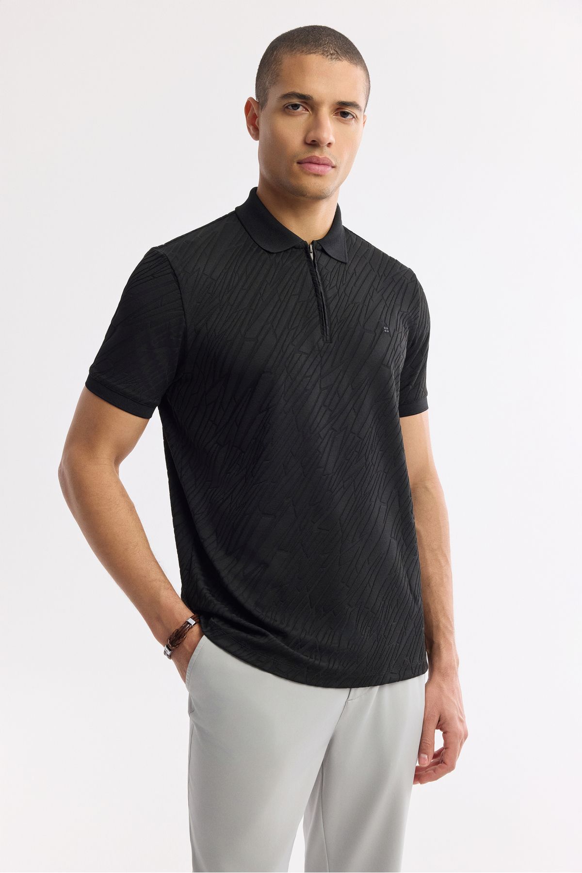 Avva-Tricou jacquard cu gât polo cu fermoar negru pentru bărbați A51Y1090 6