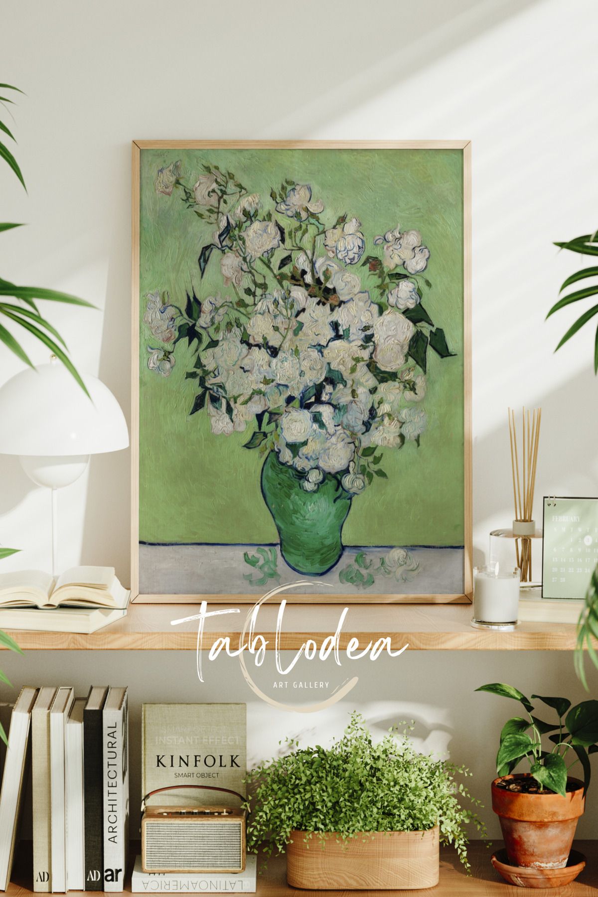 tablodea Van Gogh Beyaz Güller Çerçeveli Poster Tablo, Vintage Dekoratif Minimalist Çiçekli Duvar Tablosu