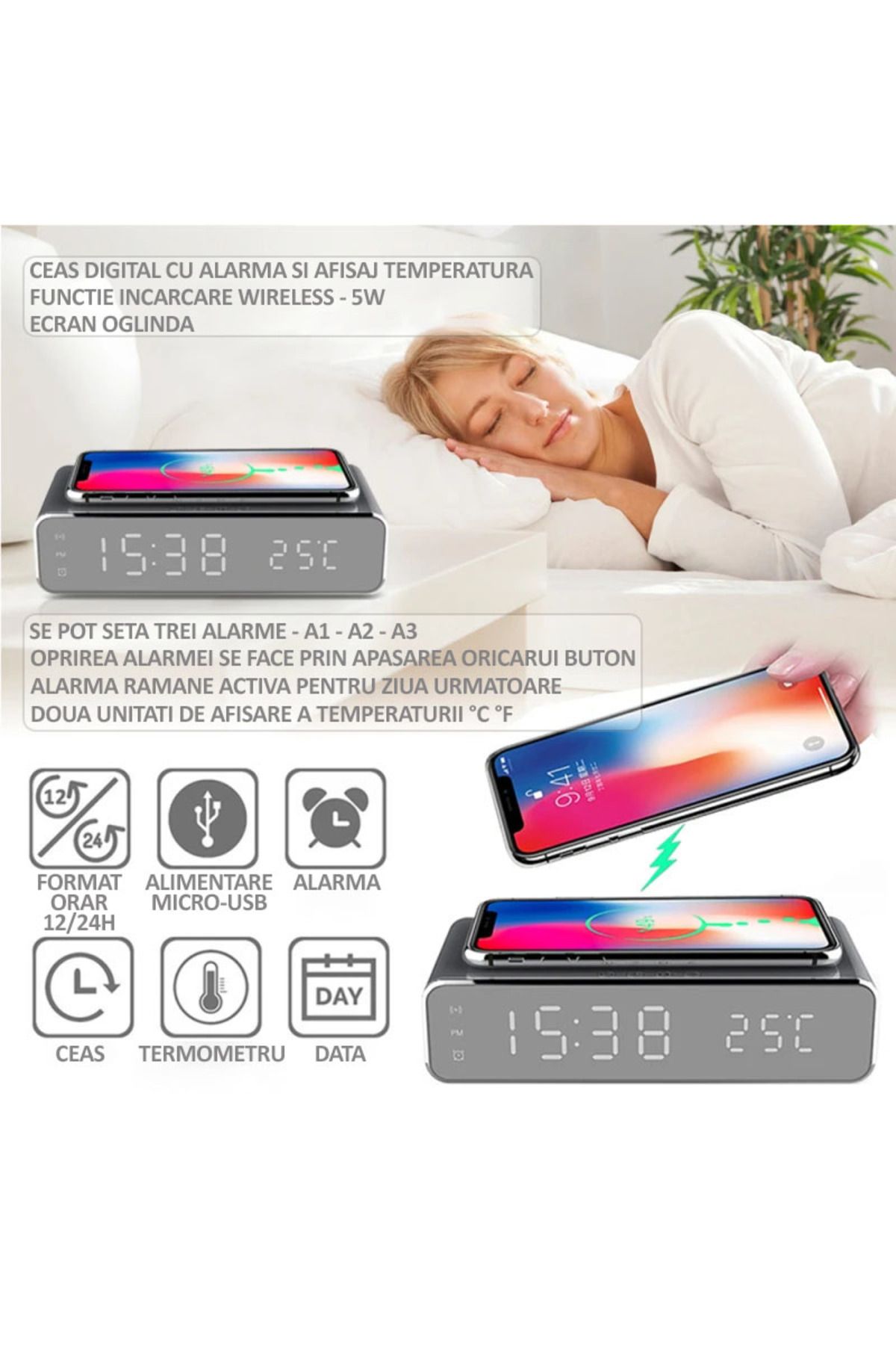 NEXTLY-Digital clock with alarm and temperature sensor, NEXTLY, wireless charging function for phone 2
