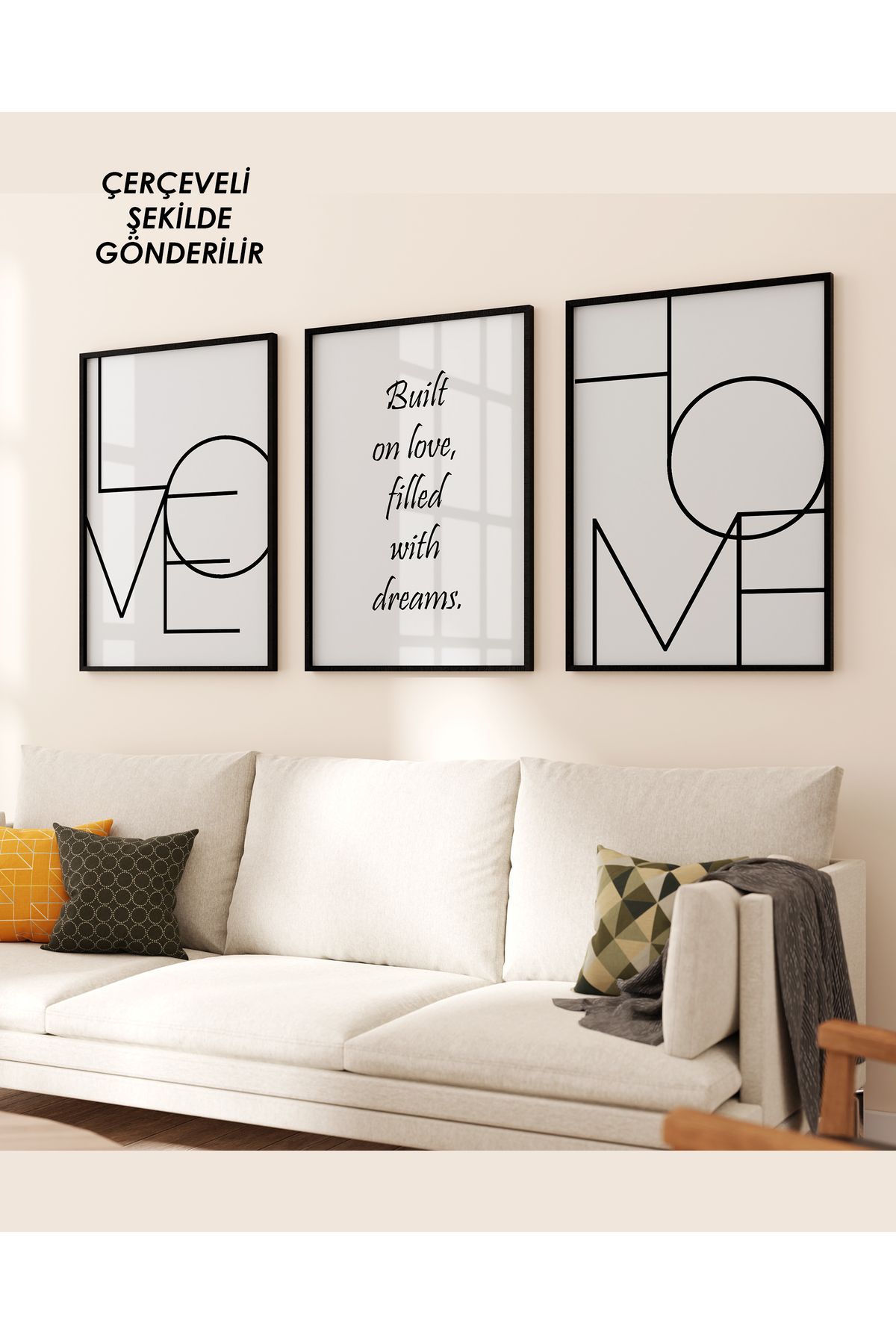 çınararthome LOVE & HOME Yazılı 3’lü Çerçeveli Poster Tablo Seti – Modern & Minimal Duvar Dekorasyonu