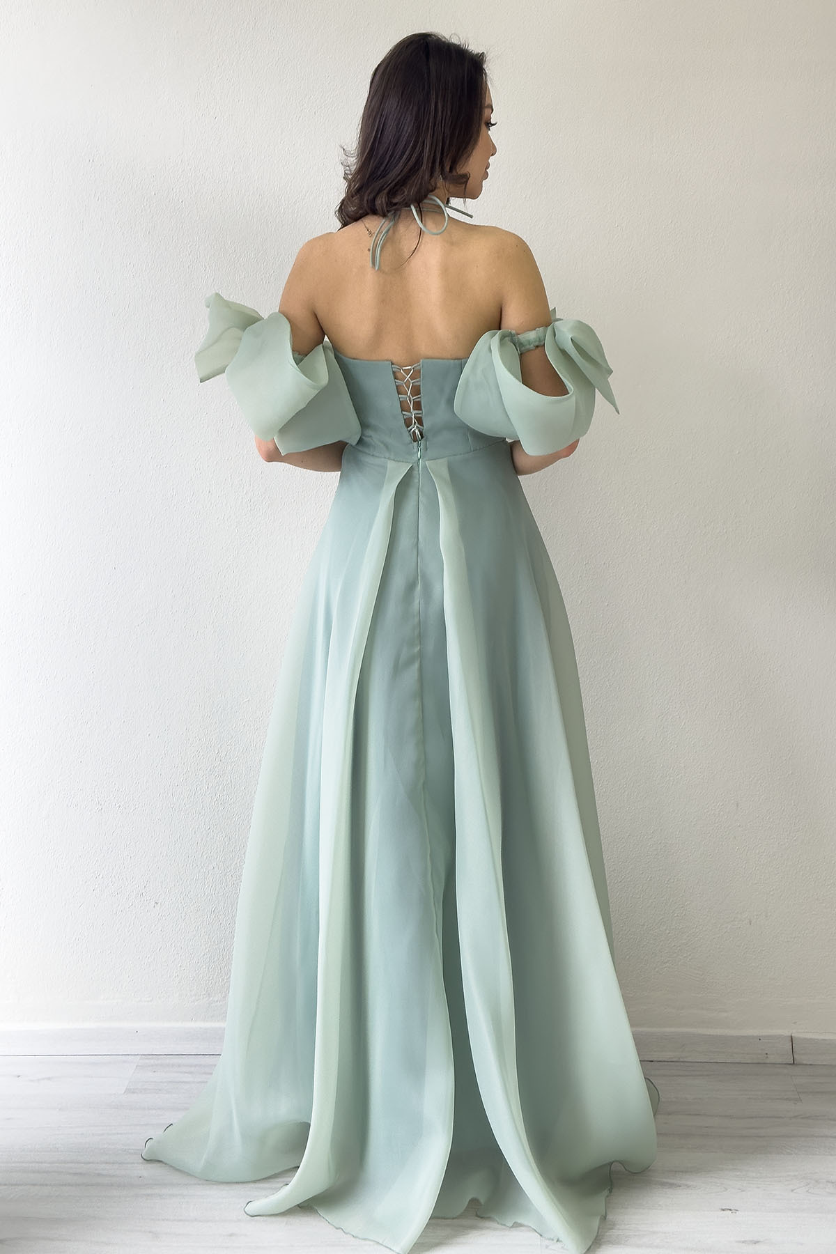 the ZKS-Women's Front Draped Halter Neck Bow Sleeve Detail Organza Evening Dress Baby Blue, Aqua Green 6
