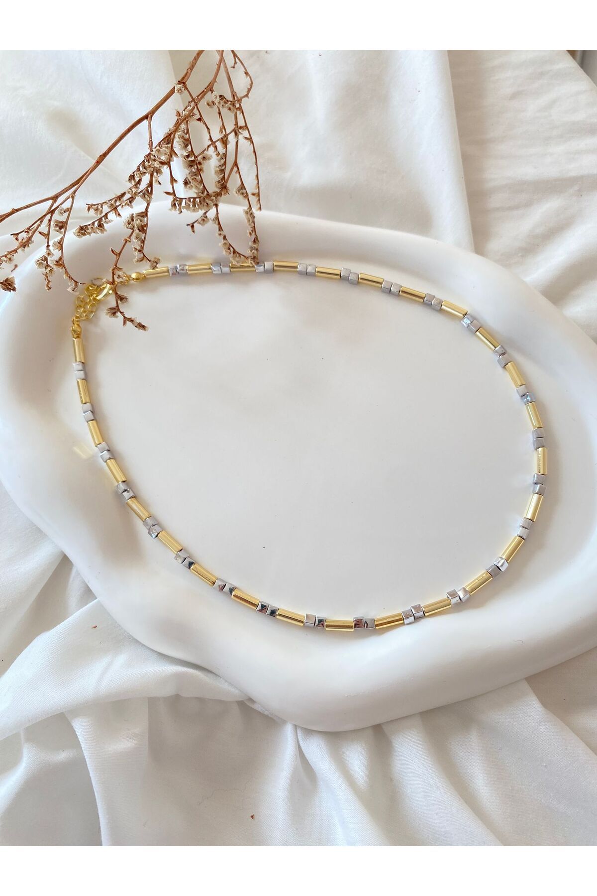 Asce Jewelry Dorika Gümüş Gold Detaylı Çelik Kolye