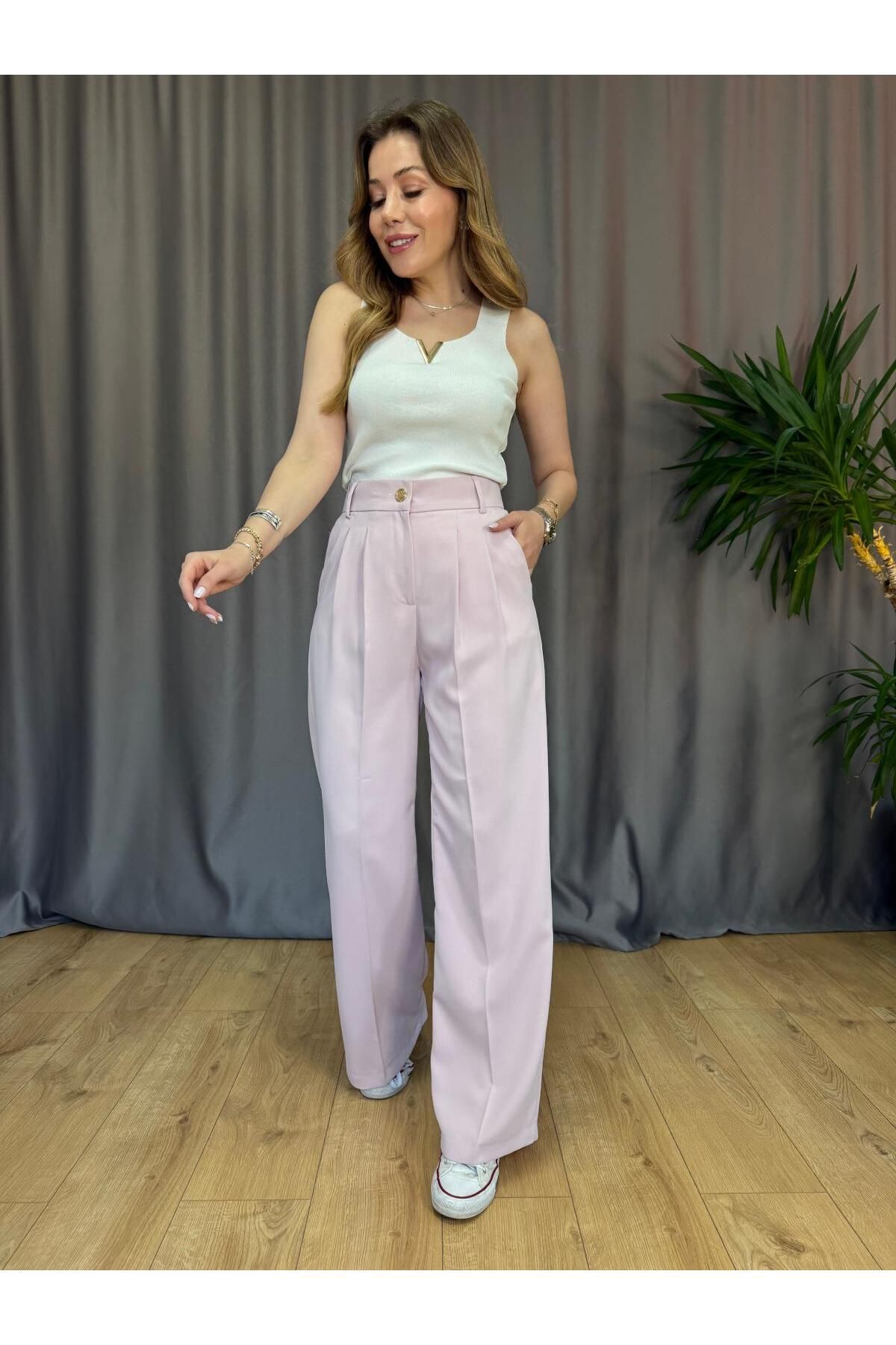 Size Özgü Pembe Gold Düğmeli Palazzo Pantolon