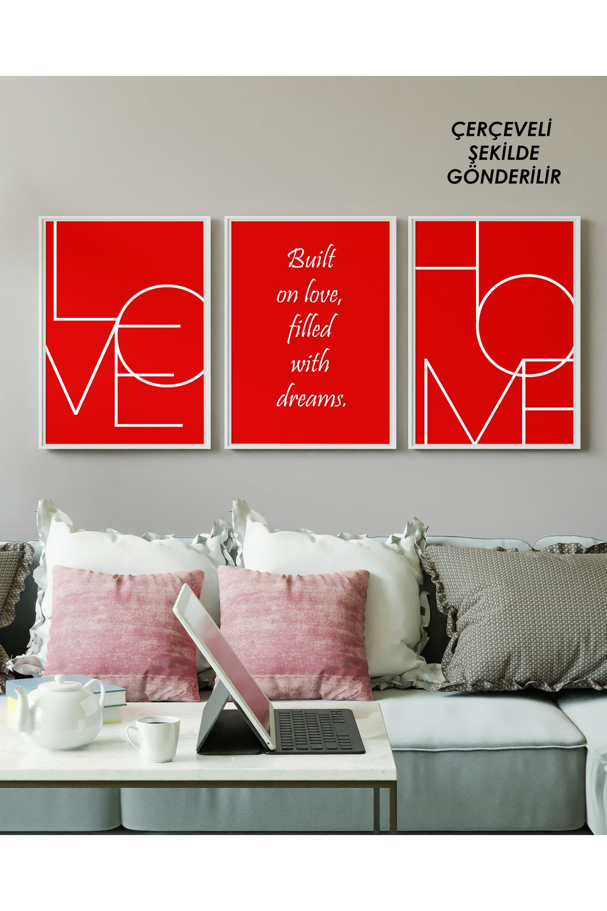çınararthome LOVE & HOME Kırmızı Yazılı 3’lü Çerçeveli Poster Tablo Seti – Modern & Minimal Duvar Dekorasyonu