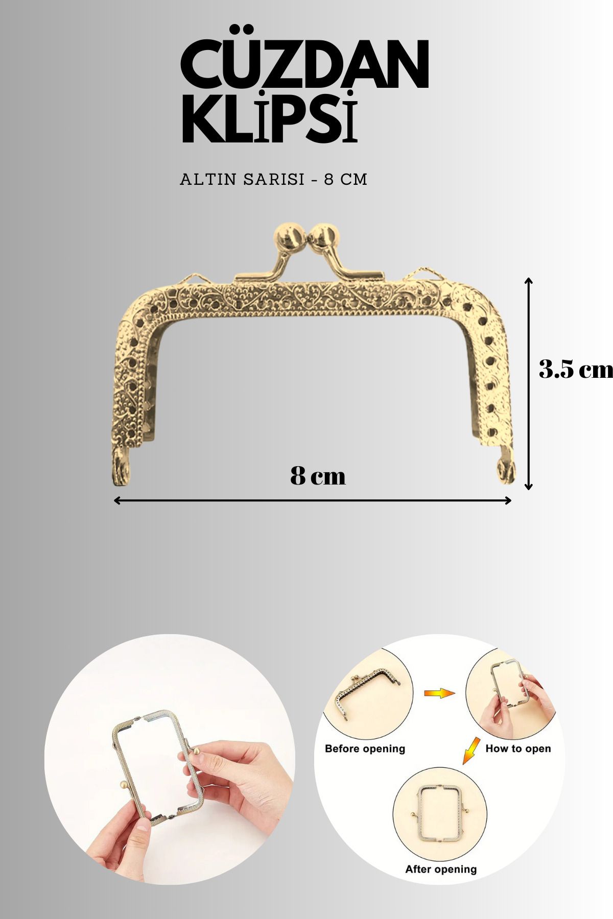 Kardelux Vintage Metal Çanta Sapı- Cüzdan Klipsi- Bursu- 8cm-Dikdörtgen