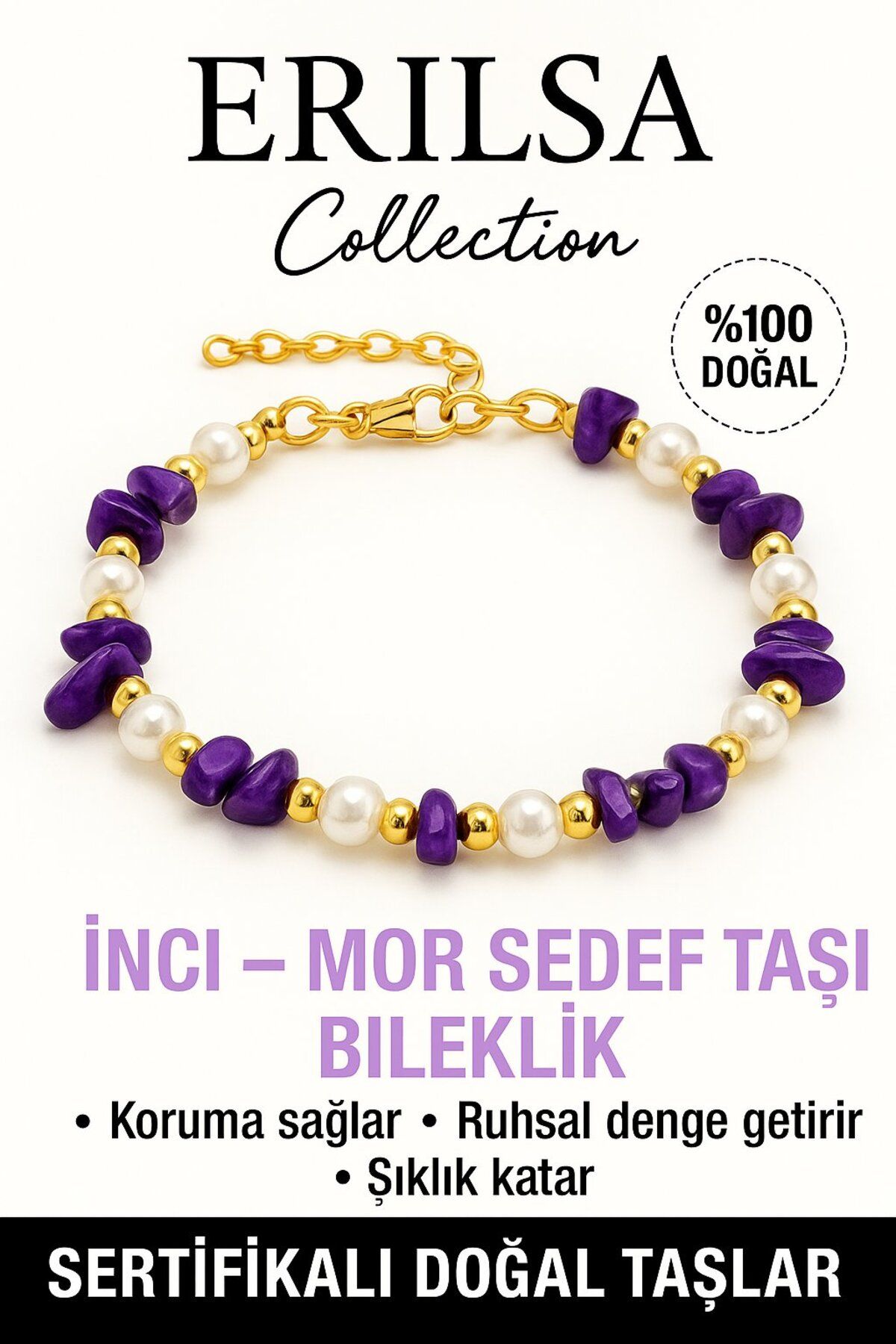Erilsa Sertifikalı İnci ve Mor Taşı Bileklik – Koruma ve Ruhsal Denge