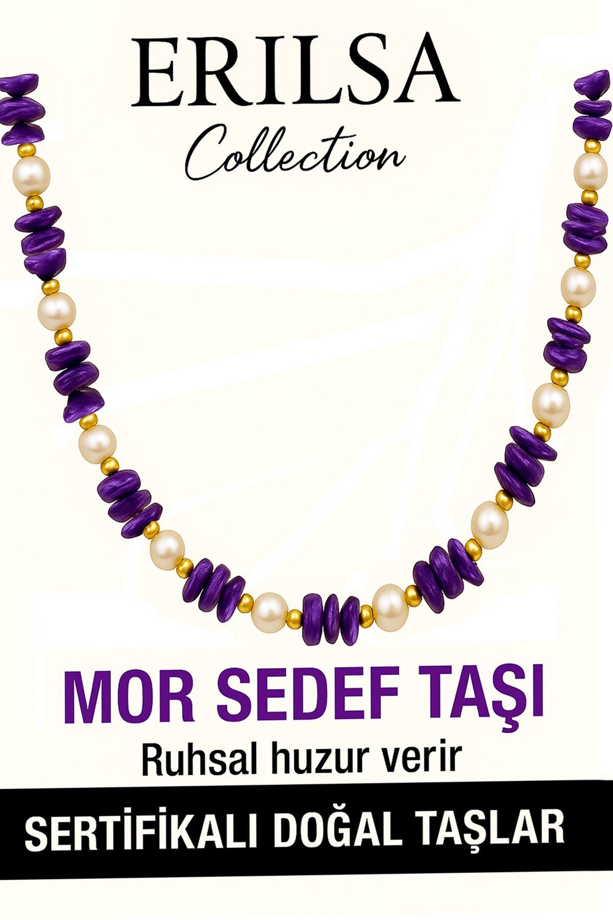 Erilsa Sertifikalı Kırık Taşlı Model İnci - Mor Taşı Kolye
