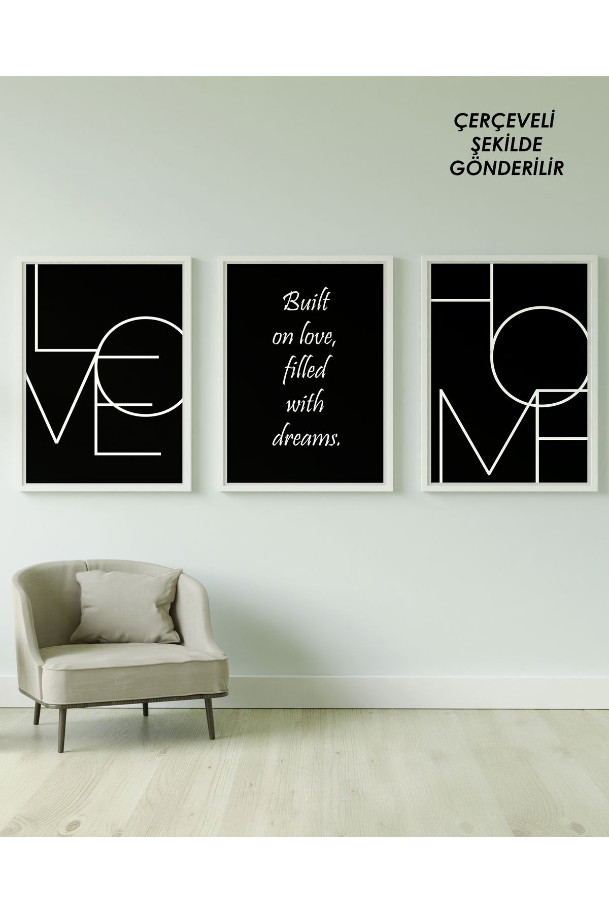 çınararthome LOVE & HOME Siyah Yazılı 3’lü Çerçeveli Poster Tablo Seti – Modern & Minimal Duvar Dekorasyonu