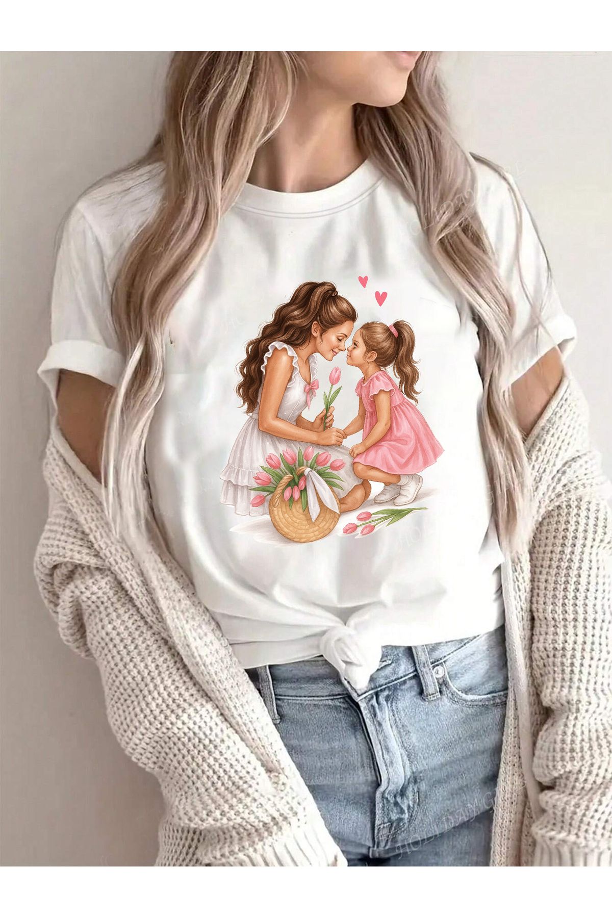 Let's Wear Anne ve Kız Çocuk Baskılı Bisiklet Yakalı Premium Kadın ve Kız Çocuklar için Tshirt