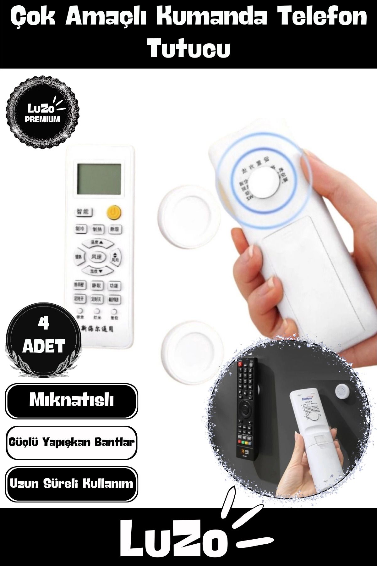 LuZo Premium Seri Pratik Yapışkanlı Duvar Kolay Monte Çok Amaçlı Mıknatıslı Kumanda Telefon Tutucu 4 Adet