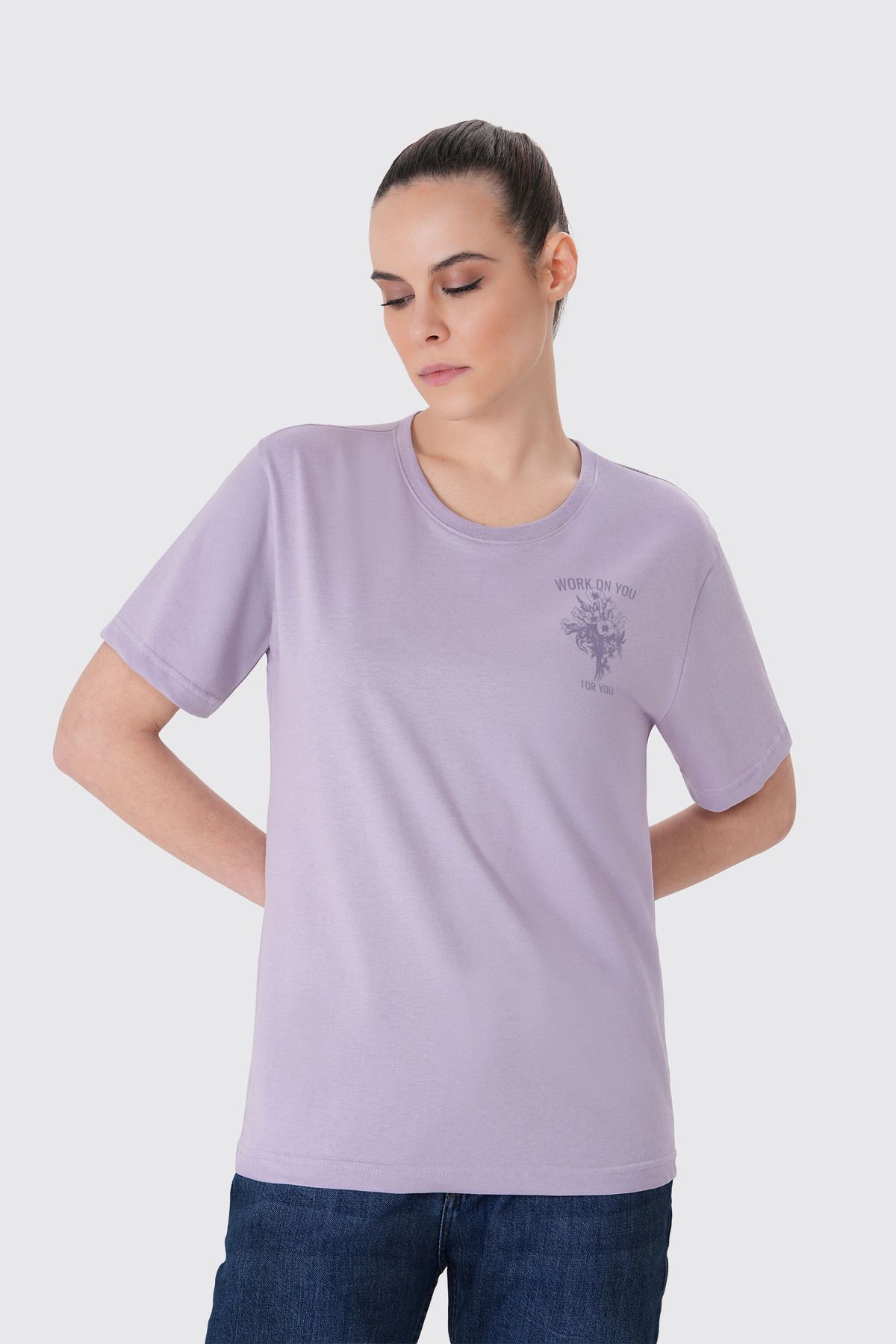UNIQVIBE %100 Organik Pamuk Mor Baskılı Kadın Tişört