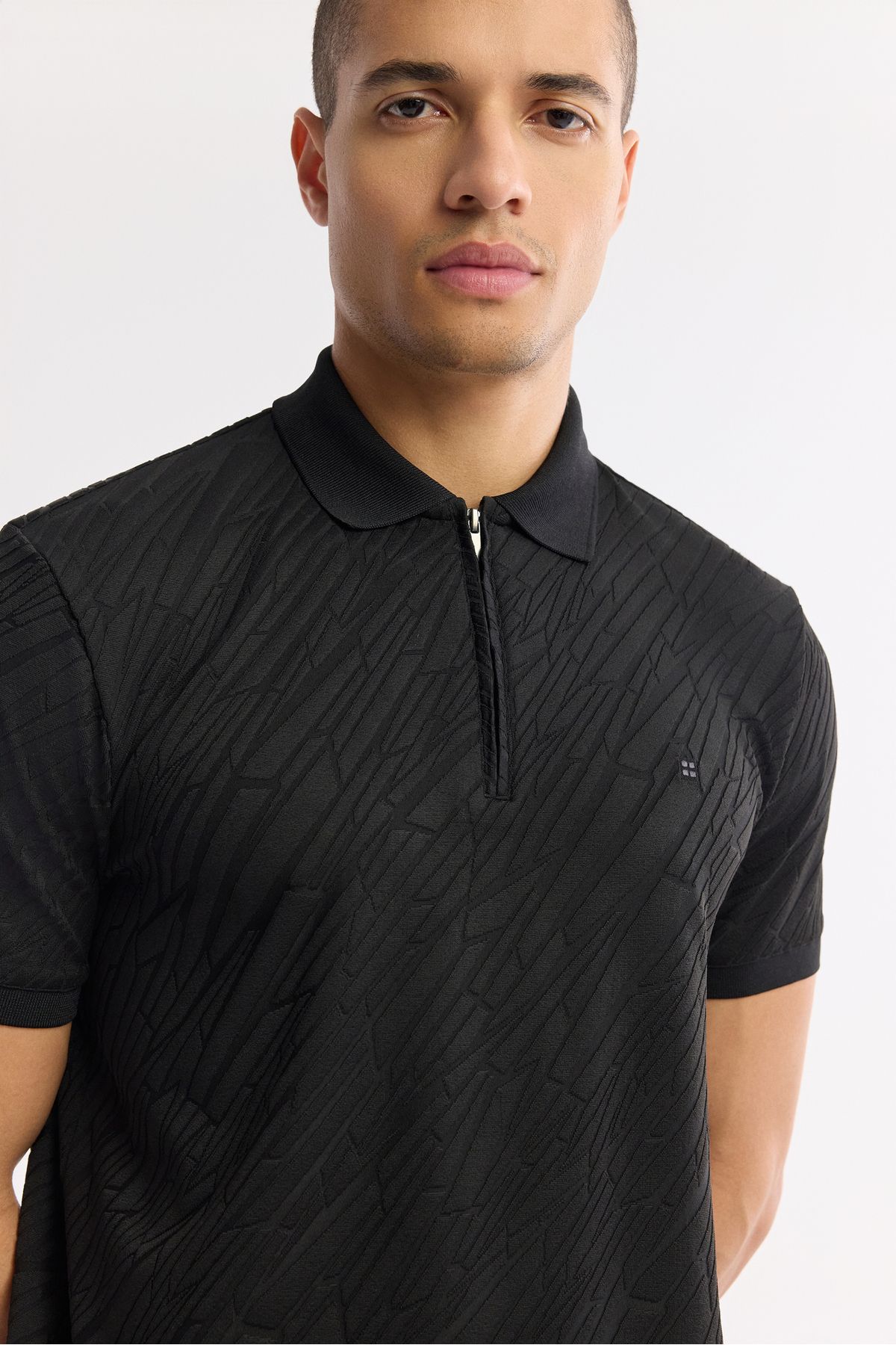 Avva-Tricou jacquard cu gât polo cu fermoar negru pentru bărbați A51Y1090 2