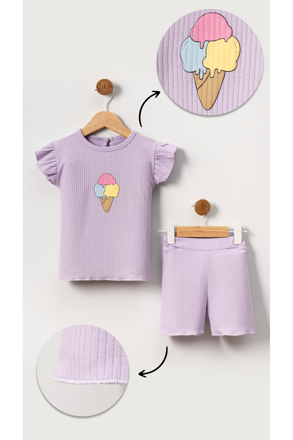 Bubito Kabartmalı Dondurma Görselli Pamuklu Kız Bebek Şort Takım-Mor fotoğrafı 3 (önizleme)