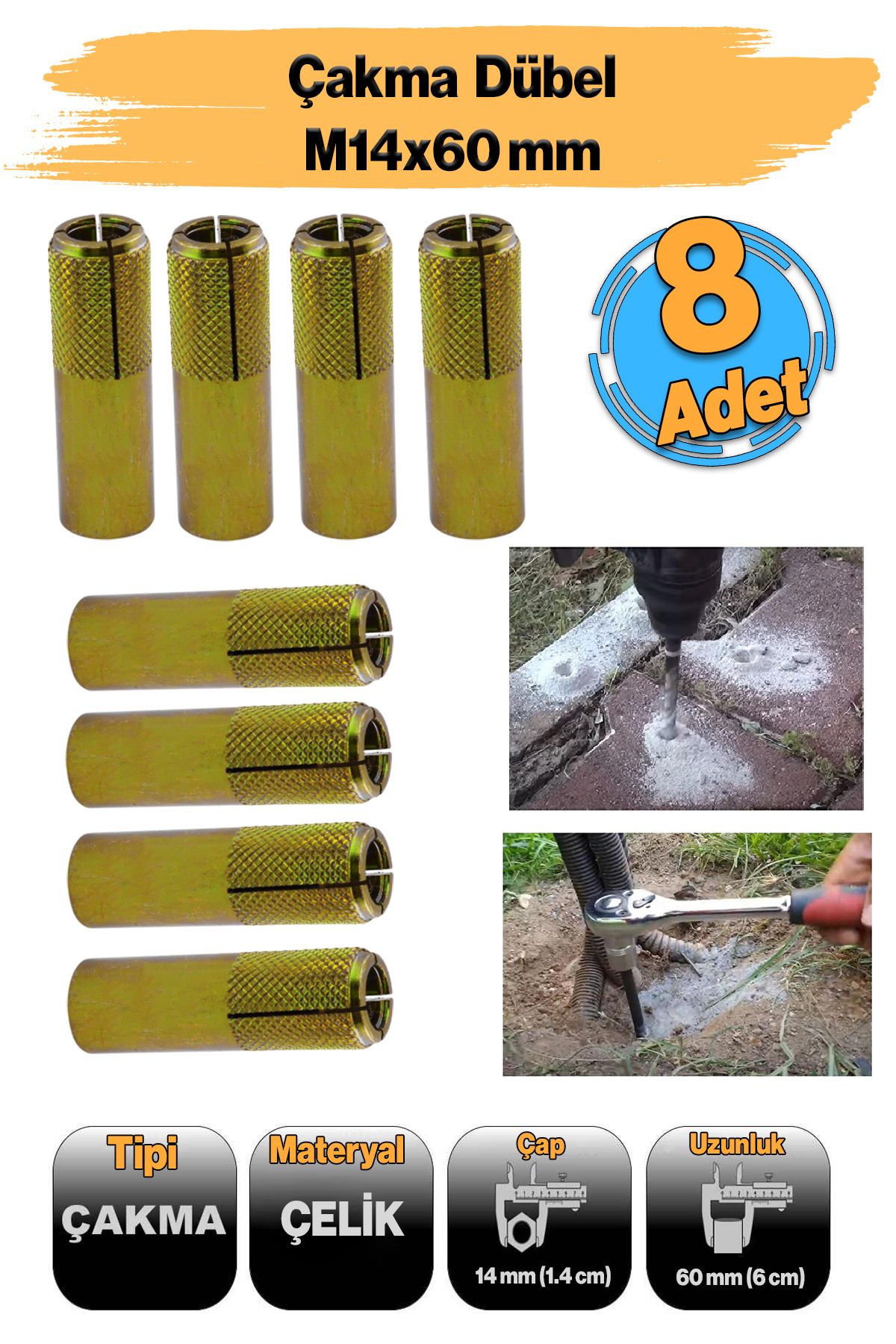 Badem10 Çakma Çelik Dübel 8 Adet İç Dişli M14x60 mm Raf İskele Montaj Bağlantı Monte Tavan Asma Aparat