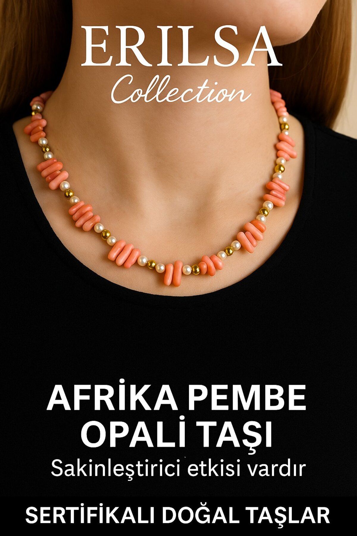 Erilsa Sertifikalı Diş Model İnci ve Afrika Pembe Opal Taşı Kolye