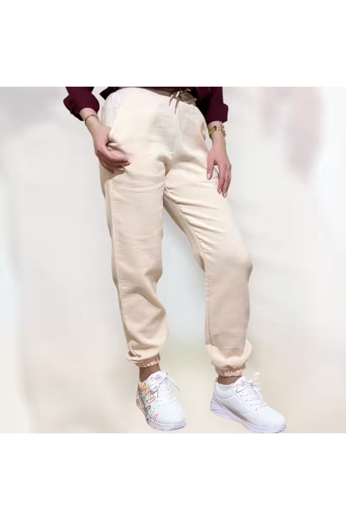 DAPHN Beli Ve Paçası Lastikli Kadın Keten Pantolon - Modern Ve Rahat