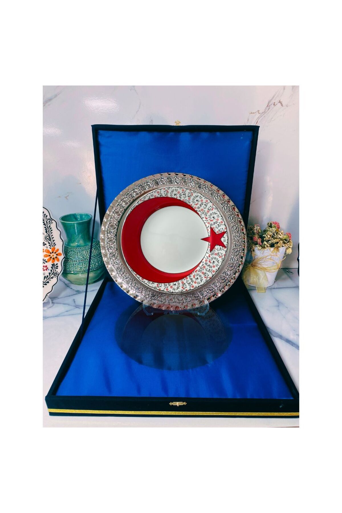 DM PORSELEN GÜMÜŞ TEPSİLİ PLAKET TABAK KADİFE KUTULU